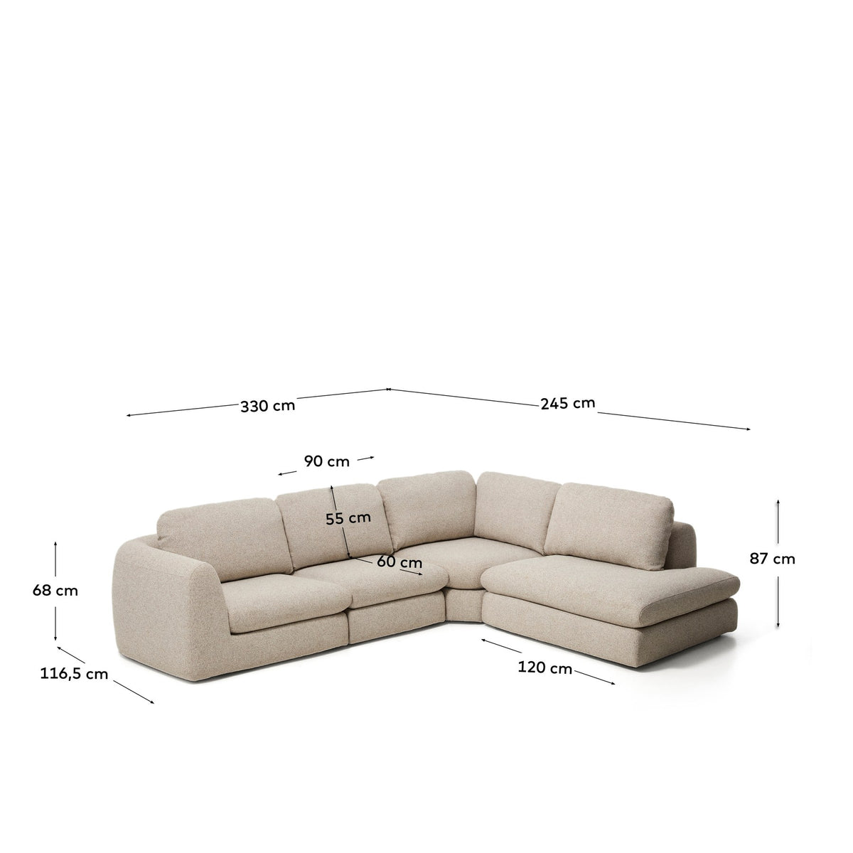 Beiges 5-Sitzer Ecksofa Vera mit Randmodul rechts, Gewebebezug mit grober Struktur, abgerundeten Armlehnen und niedrigem Gestell aus Kiefernholz.