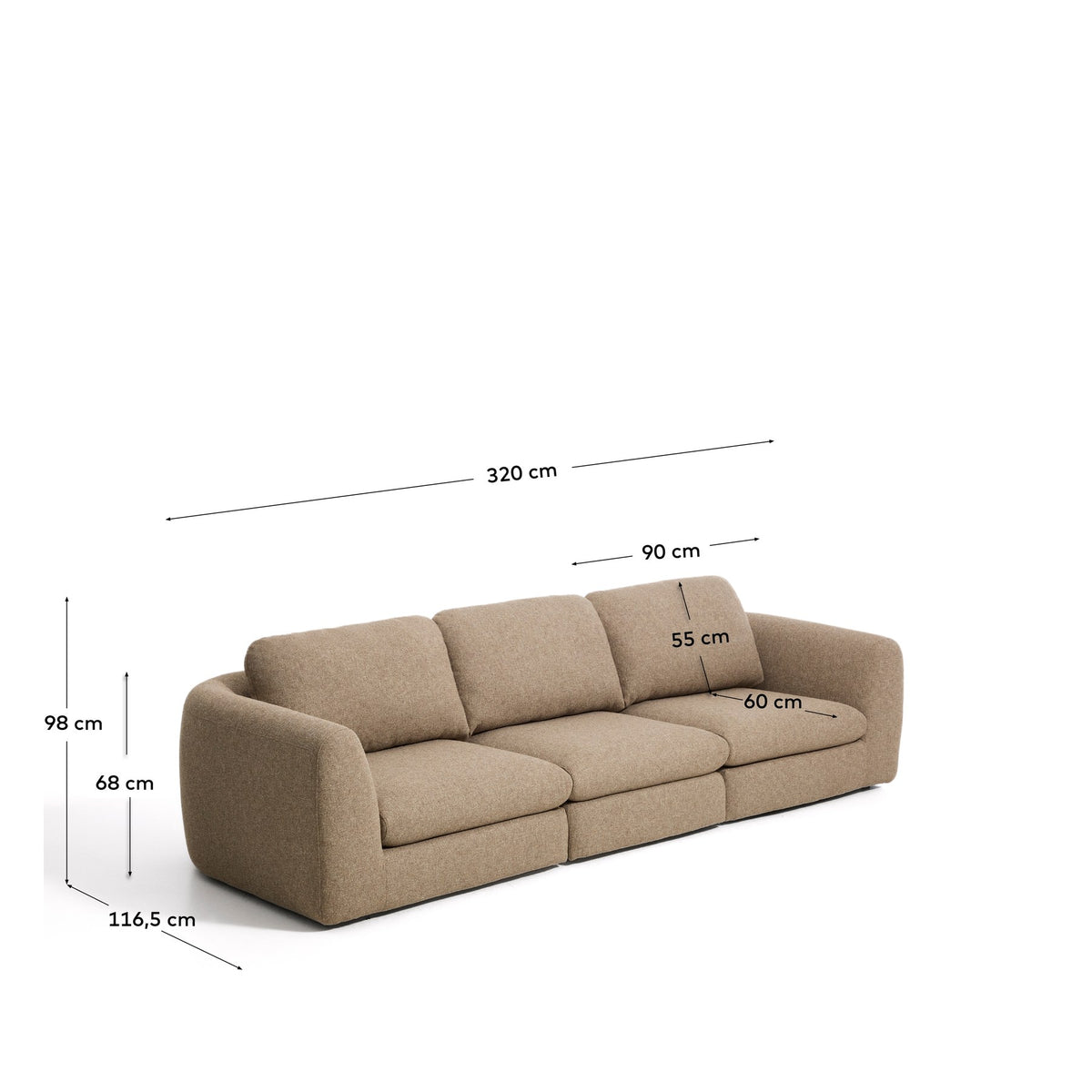 4-Sitzer Sofa Vera in Hellbraun mit gepolsterten Sitz- und Rückenkissen, abgerundeten Armlehnen und Beinen aus Polypropylen, Breite 320 cm.