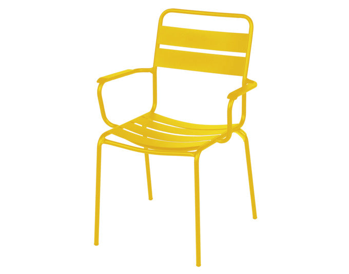 Glarus Ganzmetall-Gartenstuhl mit Armlehne von Schaffner – wetterfest, langlebig, Swiss Made, robustes Design, outdoor geeignet, stabile Gartenmöbel.