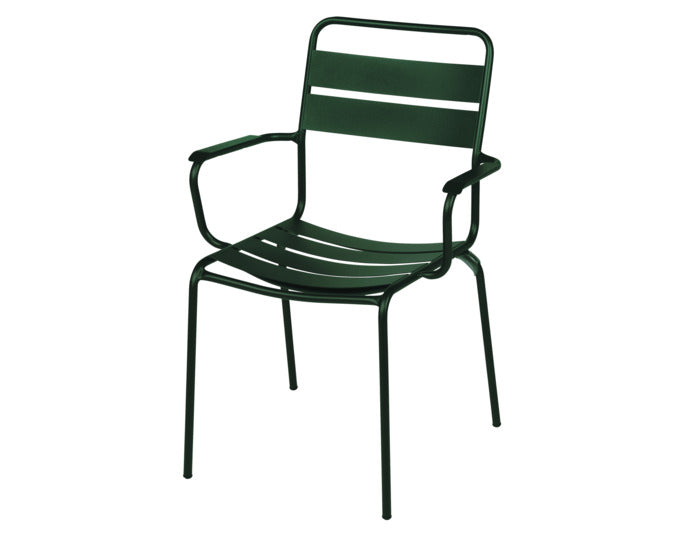 Glarus Ganzmetall-Gartenstuhl mit Armlehne in Tannengrün präsentiert im Onlineshop von KAQTU Design AG. Gartenstuhl mit Armlehnen ist von Schaffner
