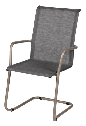 Eleganter Freischwinger-Sessel mit atmungsaktivem Batyline-Bezug und stabilem Stahlgestell, ideal für stilvolle Outdoor-Bereiche.