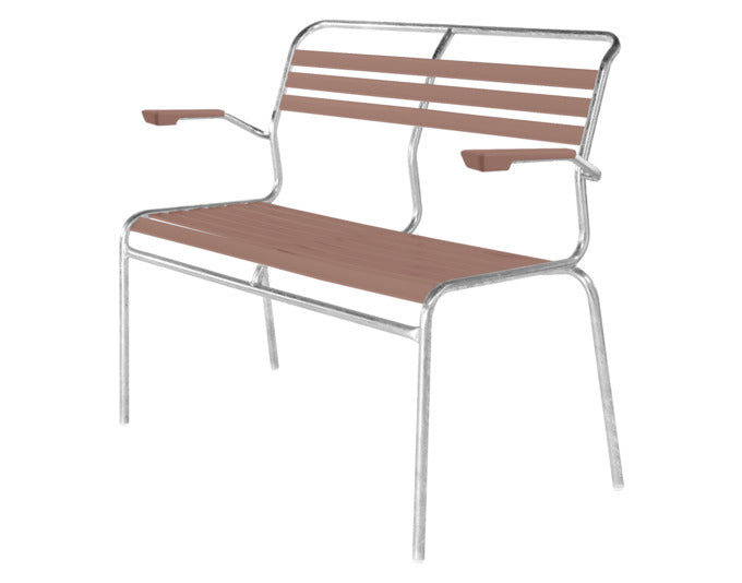 Die Lättlibank Säntis 2er mit Armlehne von Schaffner bietet stilvollen Komfort und ist ideal für Garten oder Terrasse.
