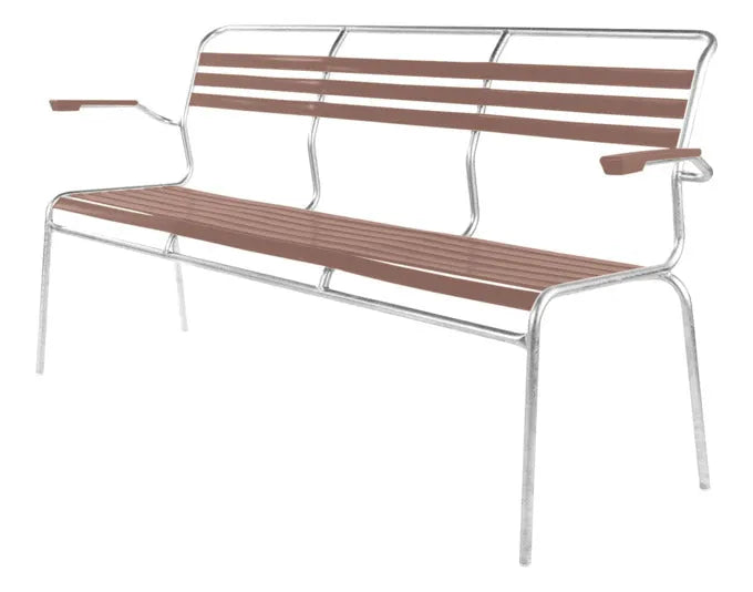 Die Lättlibank Säntis 3er mit Armlehne von Schaffner bietet stilvollen Komfort und ist ideal für Garten oder Terrasse.