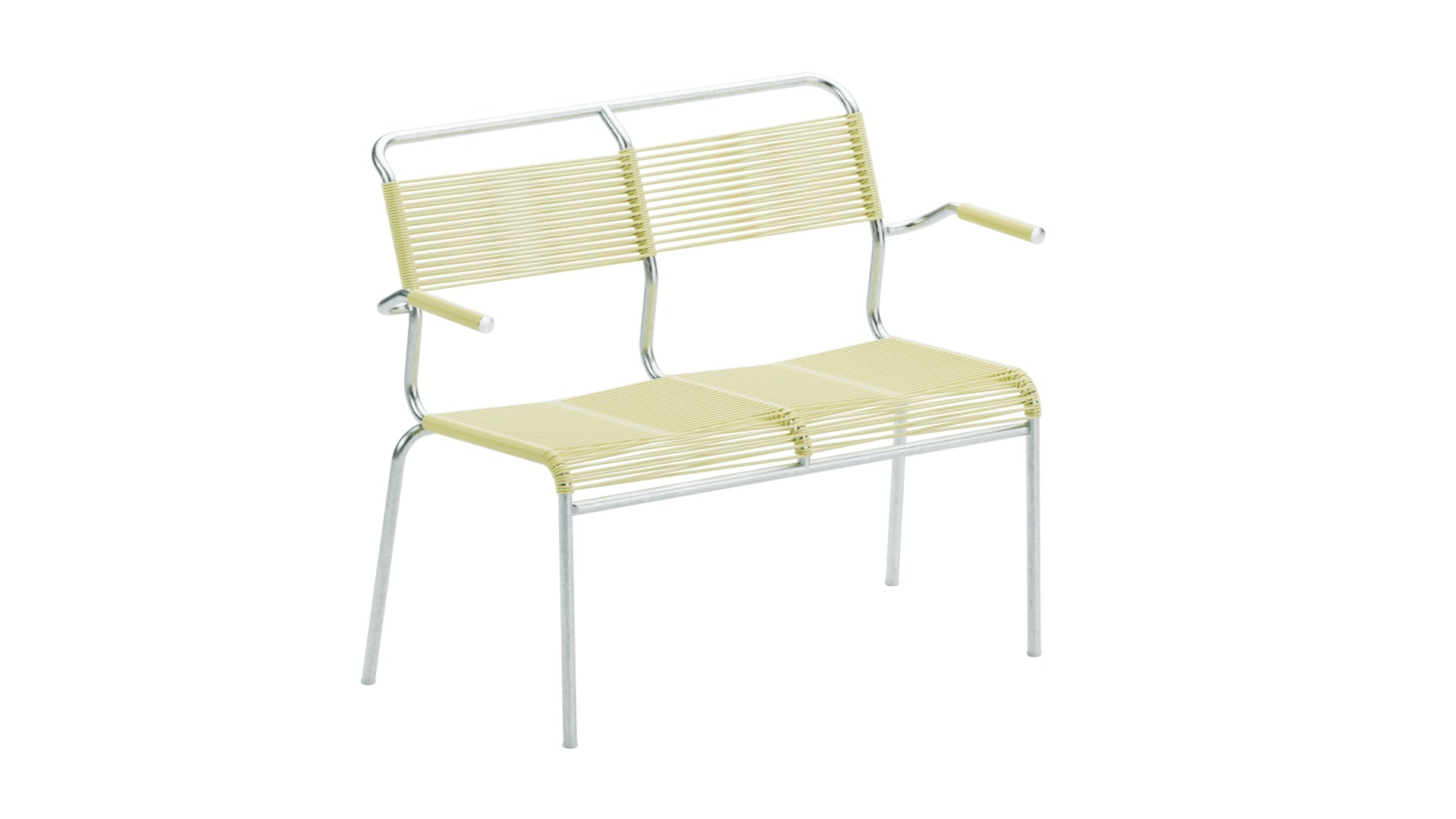 Säntis Spaghetti-2er Gartenbank mit Armlehne in Buchsbaumgelb präsentiert im Onlineshop von KAQTU Design AG. Gartenbank ist von Schaffner