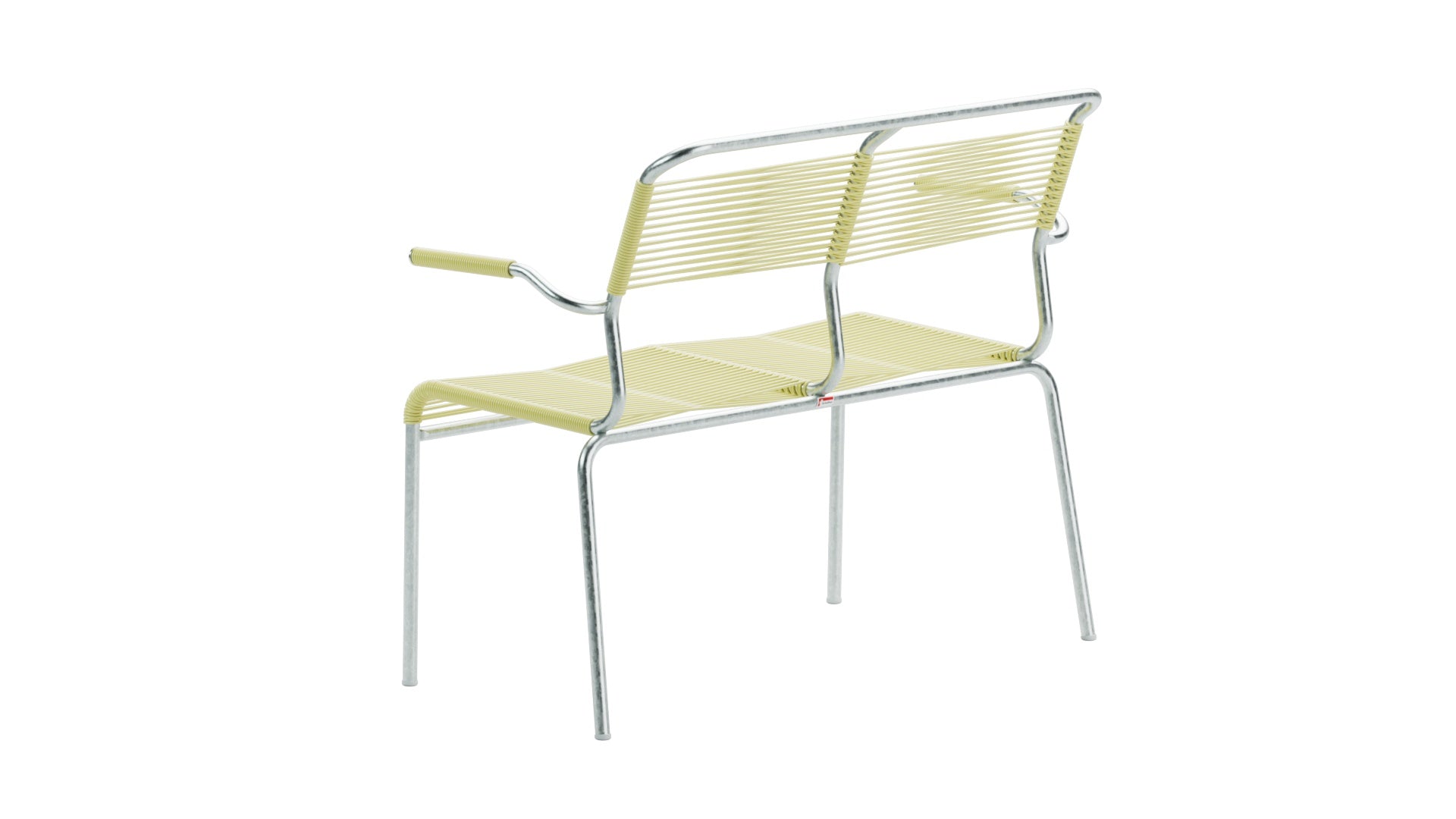 Säntis Spaghetti-2er Gartenbank mit Armlehne in Buchsbaumgelb präsentiert im Onlineshop von KAQTU Design AG. Gartenbank ist von Schaffner