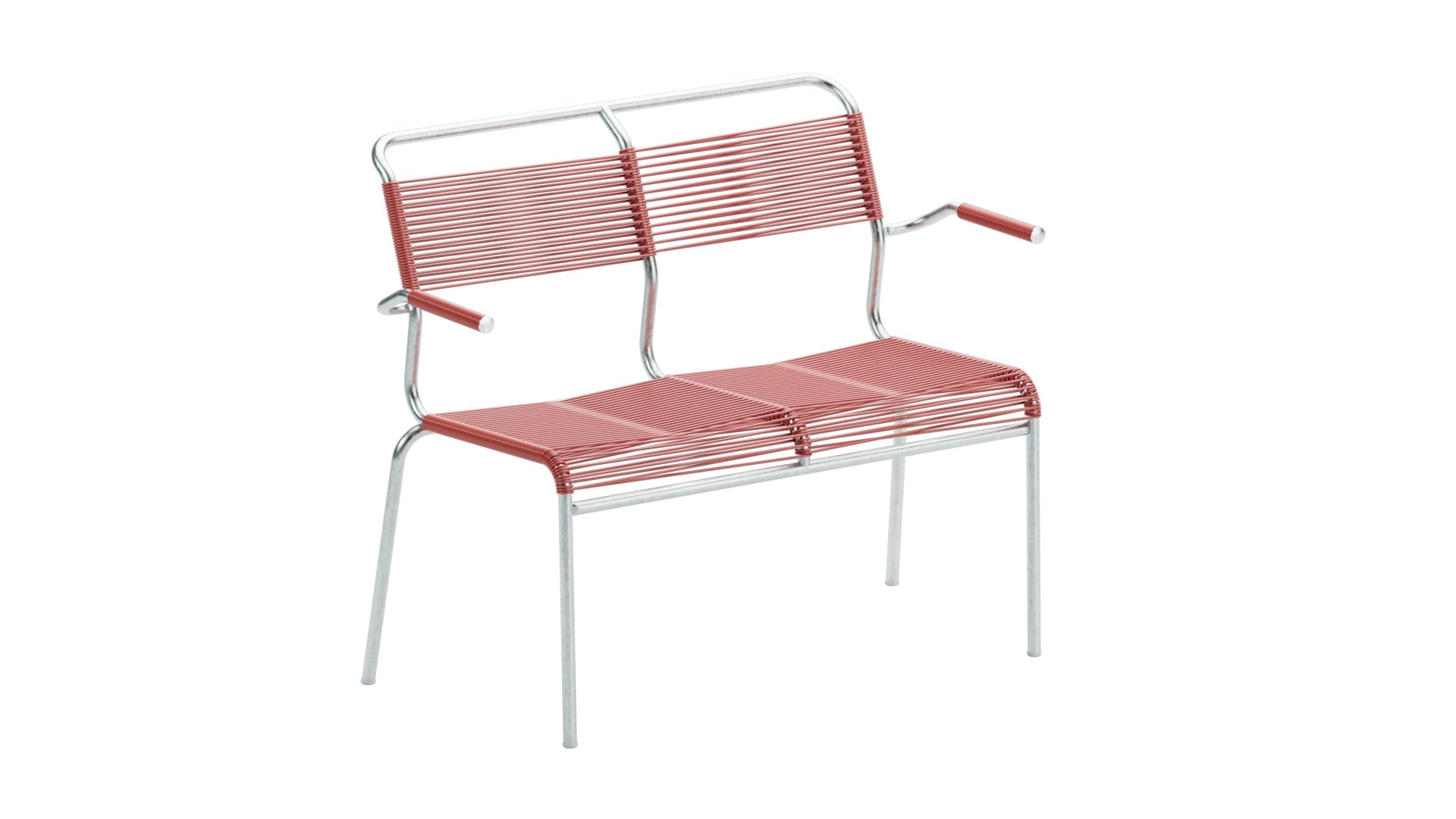 Säntis Spaghetti-2er Gartenbank mit Armlehne in Ahornrot präsentiert im Onlineshop von KAQTU Design AG. Gartenbank ist von Schaffner