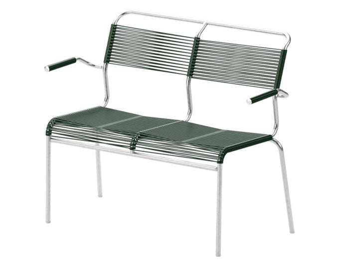 Hochwertige Säntis Spaghetti-2er Gartenbank mit Armlehnen, wetterfest, umweltfreundlich, langlebig, reparierbar und ideal für Terrasse, Garten oder Balkon.