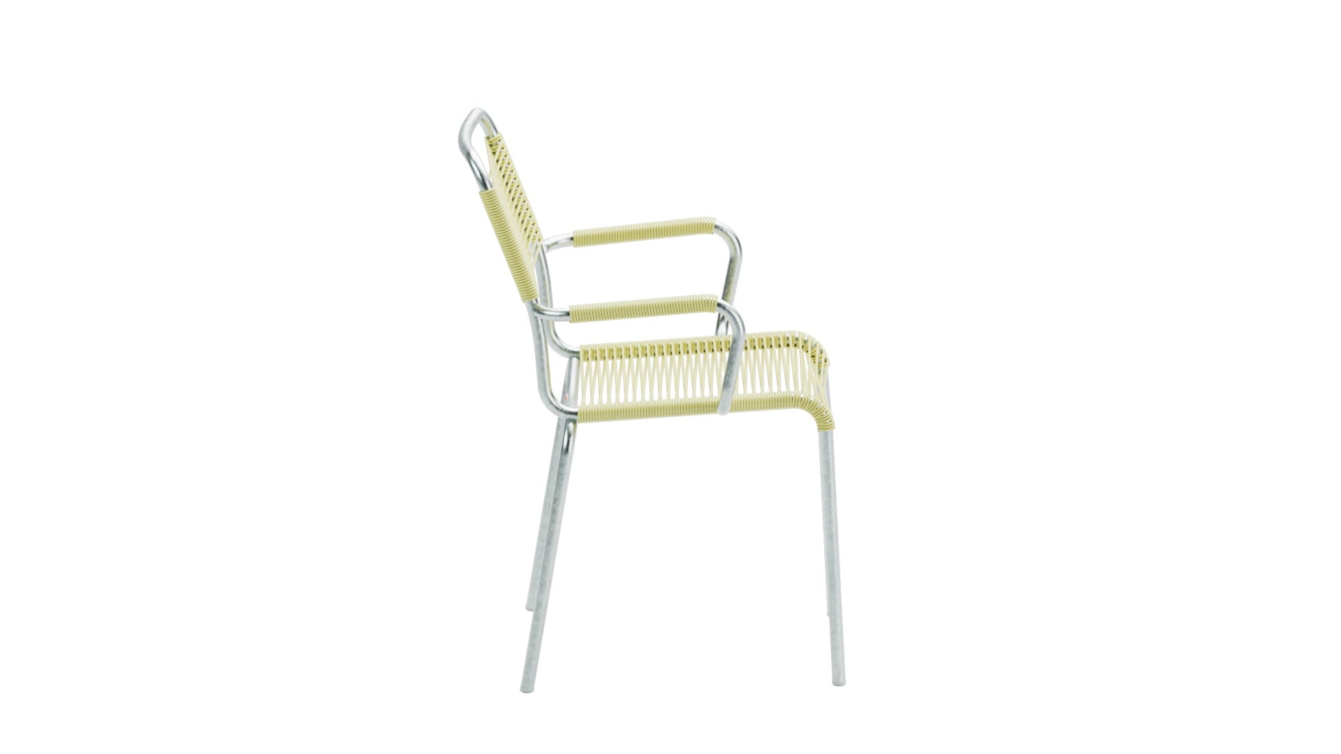 Rigi Spaghetti-Gartenstuhl mit Armlehne in Buchsbaumgelb präsentiert im Onlineshop von KAQTU Design AG. Gartenstuhl mit Armlehnen ist von Schaffner
