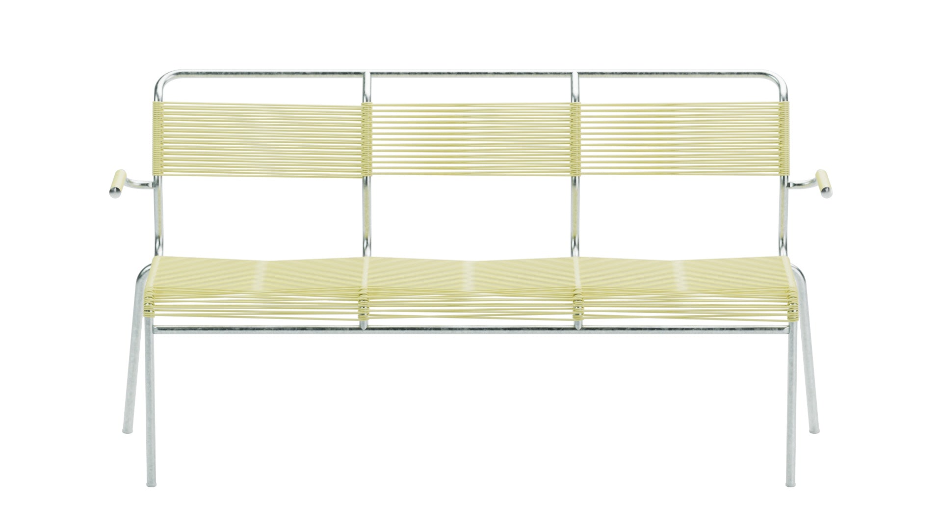 Säntis Spaghetti-3er-Gartenbank mit Armlehne in Buchsbaumgelb präsentiert im Onlineshop von KAQTU Design AG. Gartenbank ist von Schaffner