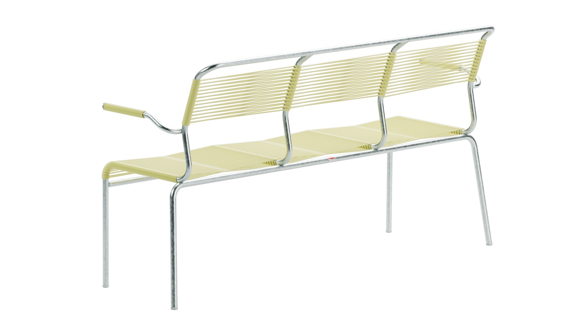 Säntis Spaghetti-3er-Gartenbank mit Armlehne in Buchsbaumgelb präsentiert im Onlineshop von KAQTU Design AG. Gartenbank ist von Schaffner