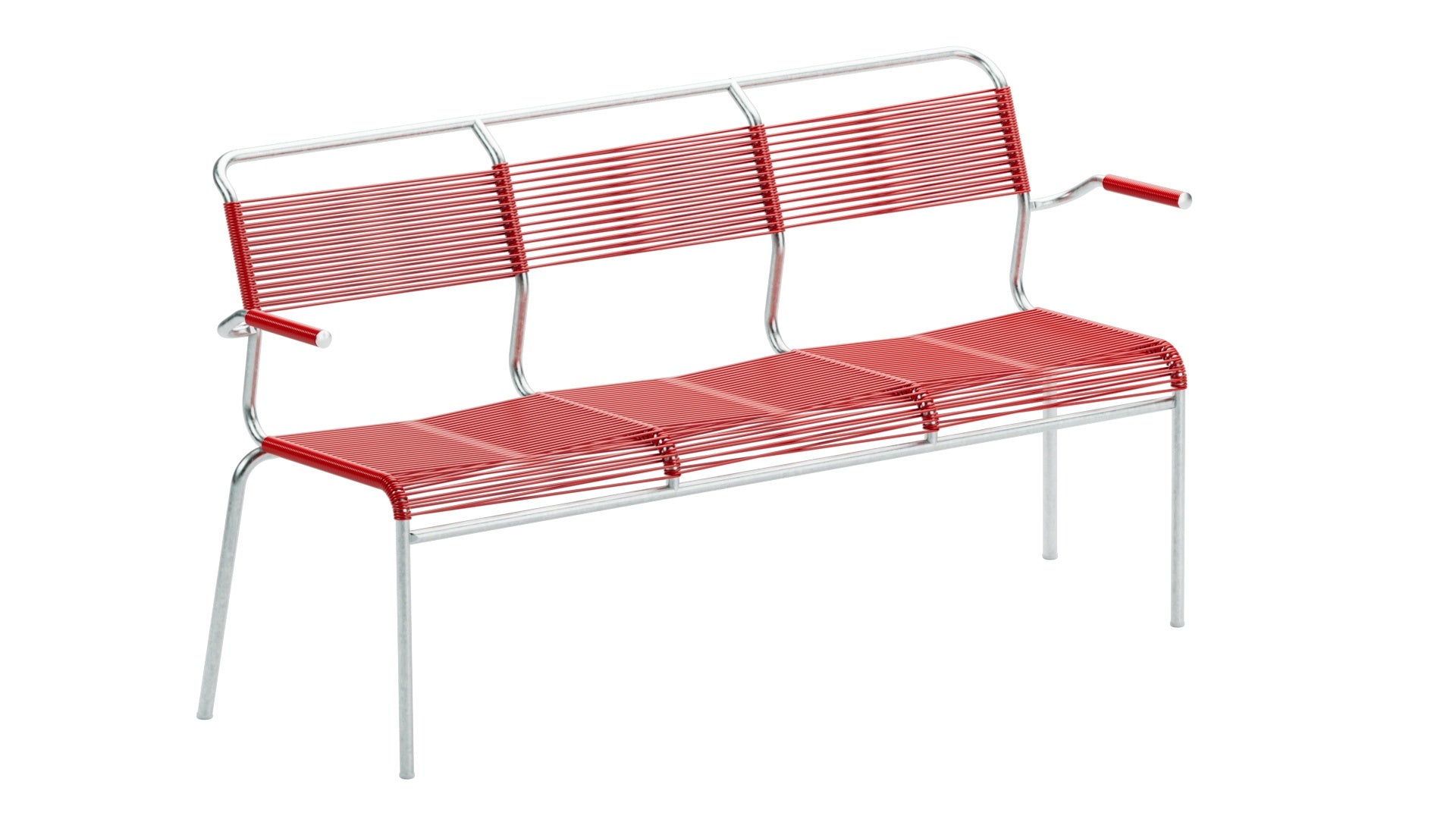 Säntis Spaghetti-3er-Gartenbank mit Armlehne in Rot präsentiert im Onlineshop von KAQTU Design AG. Gartenbank ist von Schaffner