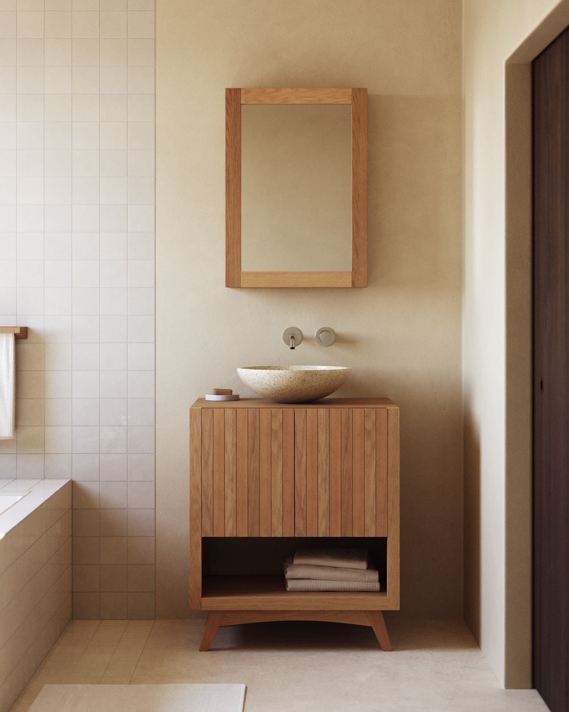 Elegantes Badezimmermöbel aus massivem Teakholz, rechteckig 70x50 cm, von Kave Home, perfekt für stilvolle Badezimmer.