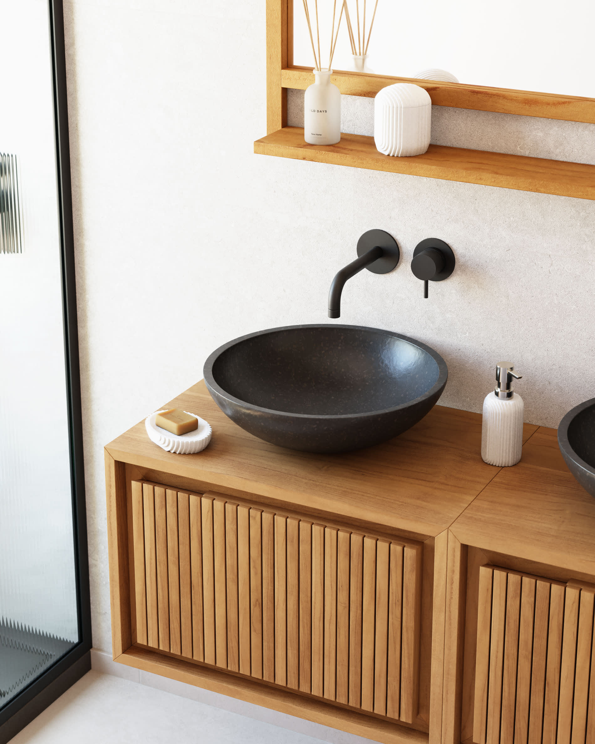 Eleganter Aufsatzwaschtisch Delina aus schwarzem Terrazzo von Kave Home, Ø 40 cm, perfekt für moderne Badezimmer.