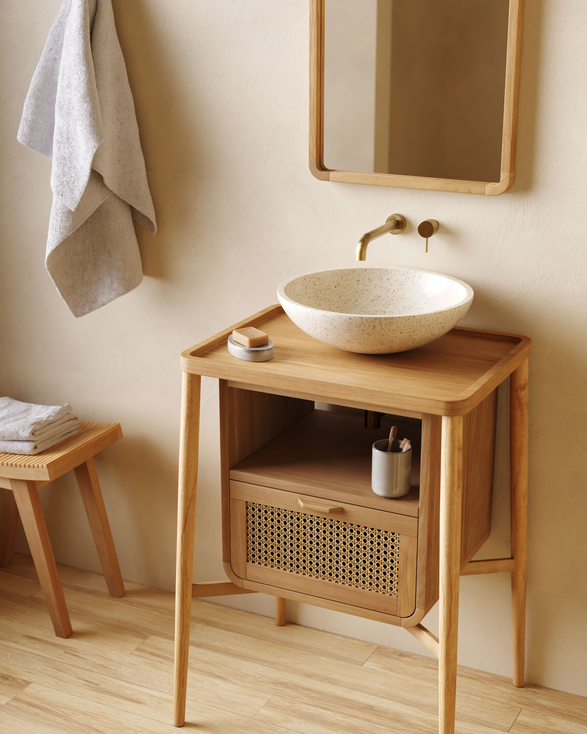 Stilvolles Delina Waschbecken aus weissem Terrazzo, Ø 40 cm, von Kave Home. Perfekt für moderne Badezimmer.
