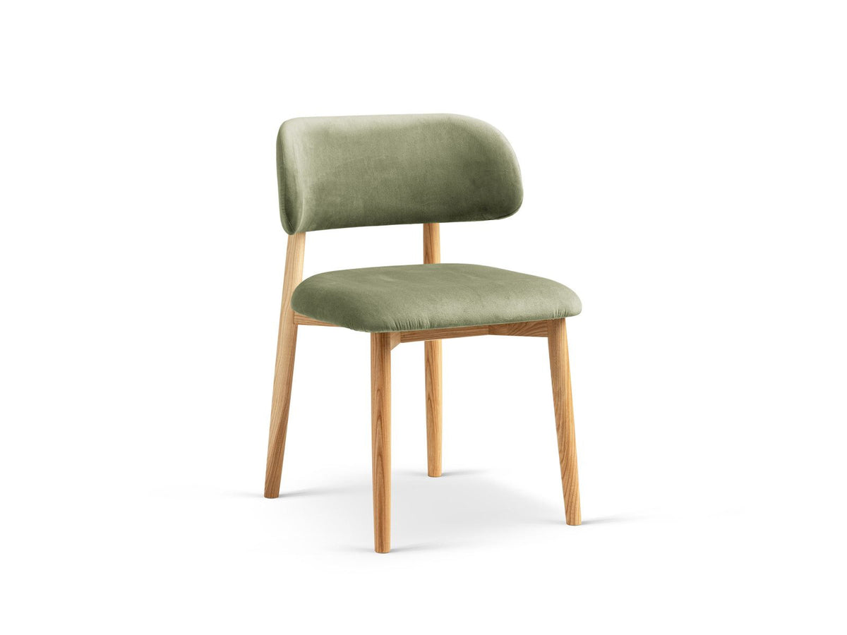 Zwei Samt-Stühle in Grün (Green-Magic Velvet) mit Buchenholzbeinen, gepolsterter Sitzfläche und Rückenlehne, Ansicht von vorne.