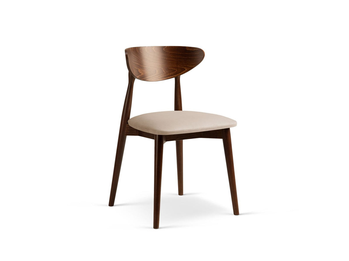 Zwei Leon Stühle mit Samtbezug in Almond Beige, Buchenholz-Beinen und gepolsterter Rückenlehne, Frontalansicht auf hellem Hintergrund.