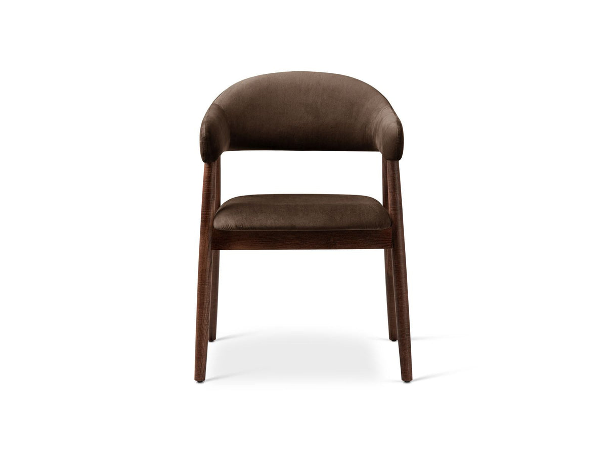 Zwei Samtstühle Adra von Cosmopolitan Design mit Buchenholzbeinen, gepolsterter Sitzfläche und Rückenlehne in Veloursstrick-Optik.