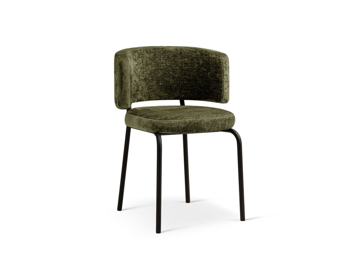 Zwei Stühle mit Buchenholz-Gestell, Stahlbeinen und grünem Chenille-Bezug Perfect Harmony, gepolsterte Sitzfläche und Rückenlehne.