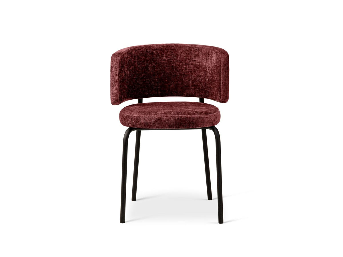 Zwei Stühle mit Buchenholz-Gestell, Stahlbeinen und grünem Chenille-Bezug Perfect Harmony, gepolsterte Sitzfläche und Rückenlehne.