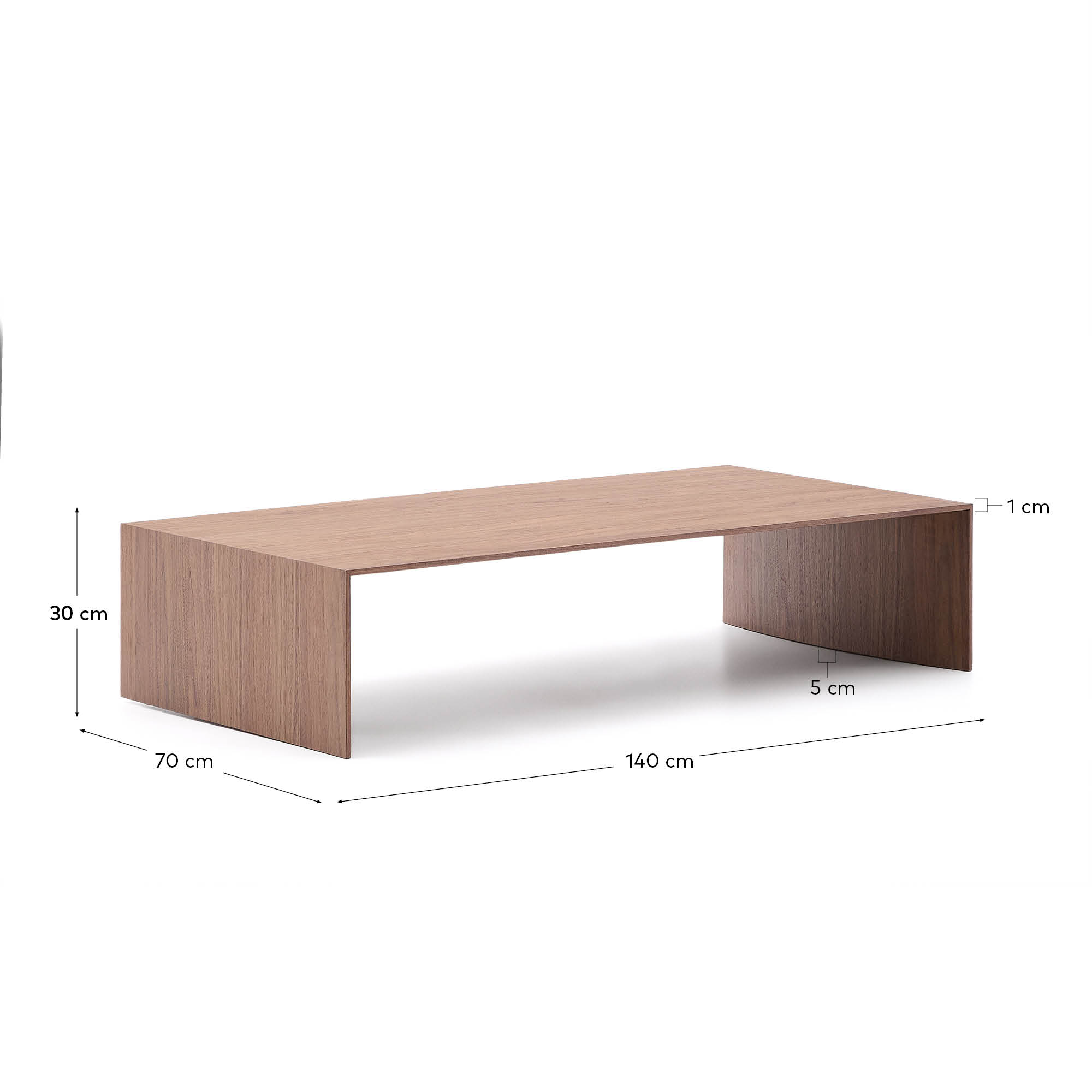 Eleganter Couchtisch aus Walnussfurnier mit naturfarbenem Finish, 140x70 cm, kombiniert mit Steinelementen für modernen Stil.