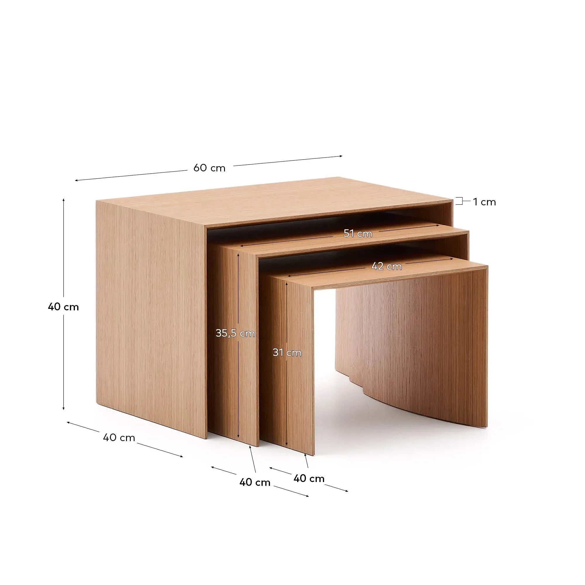 Set Litto: 3 elegante Satztische aus Eichenfurnier, naturfarben, Maße 60x40, 51x36, 42x31 cm, ideal für modernes Wohnen.