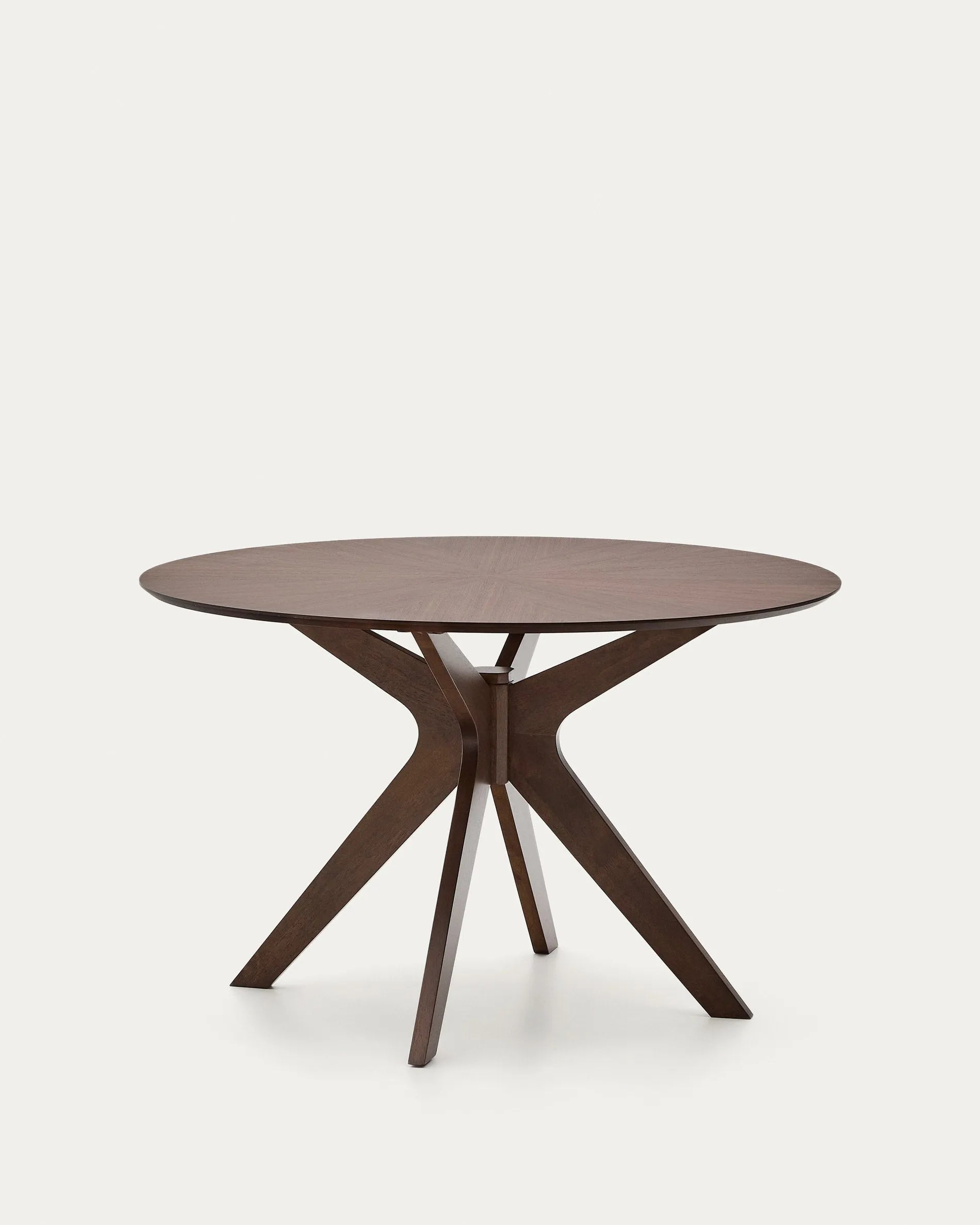 Runder Tisch aus edlem Nussholzfurnier, 120 cm Durchmesser, perfekt für moderne Wohn- und Essbereiche, stilvoll und hochwertig.