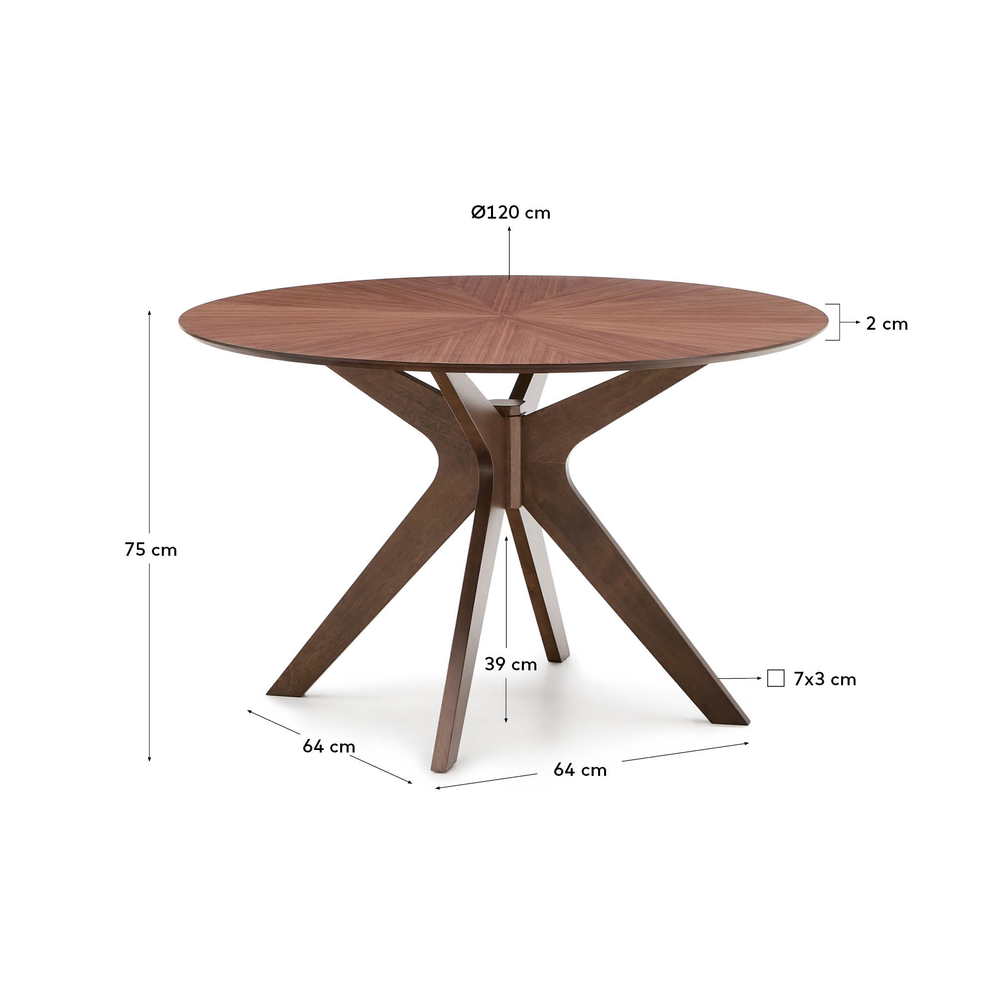 Erleben Sie den Naanim Esstisch von Kave Home: runder Tisch aus hochwertigem Nussholzfurnier, Ø 120 cm, ideal für elegante Mahlzeiten und gesellige Zusammenkünfte.