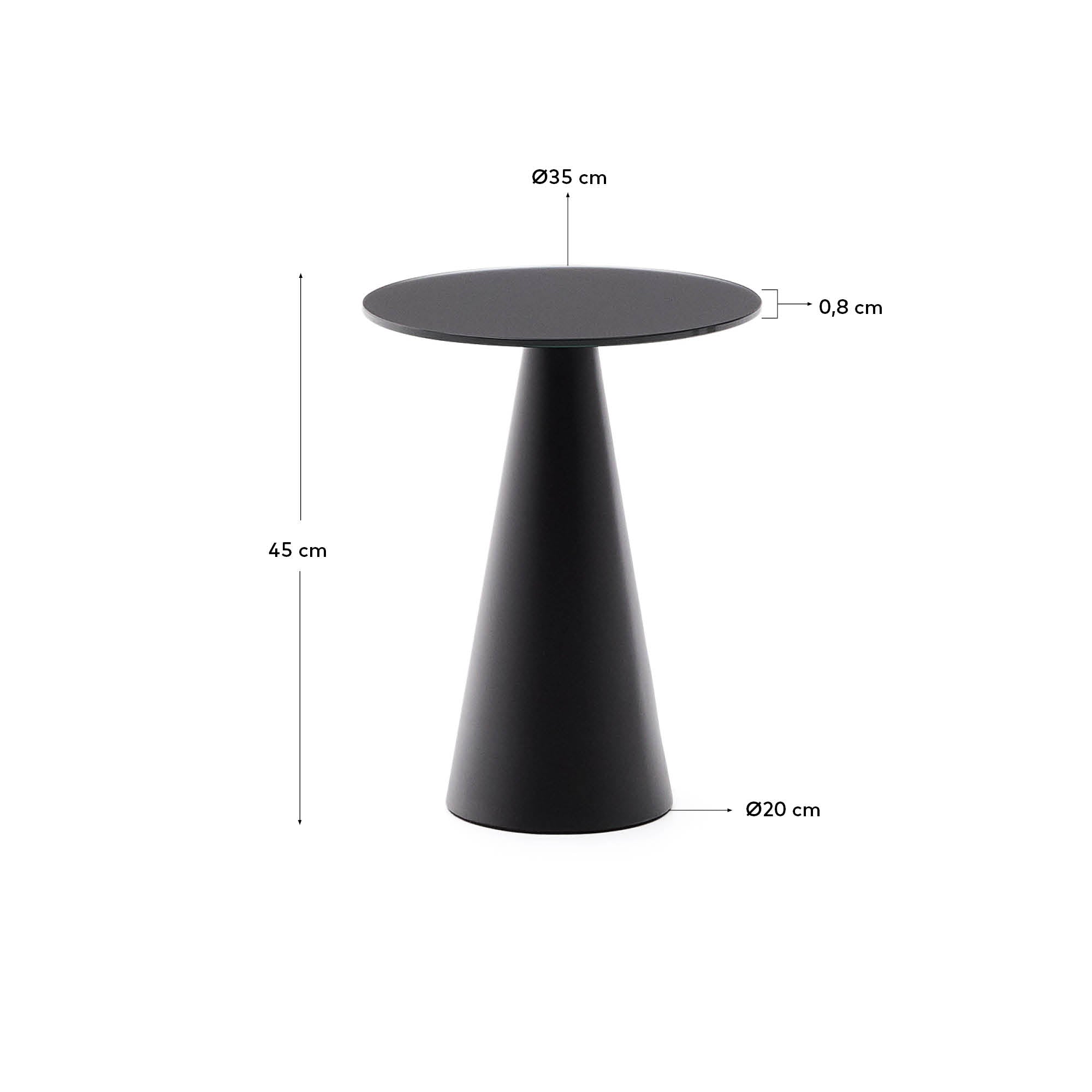 Entdecken Sie den stilvollen Wilshire Beistelltisch von Kave Home, Ø35 cm, aus gehärtetem Milchglas und mattschwarzem Stahl – ideal für jeden Raum!