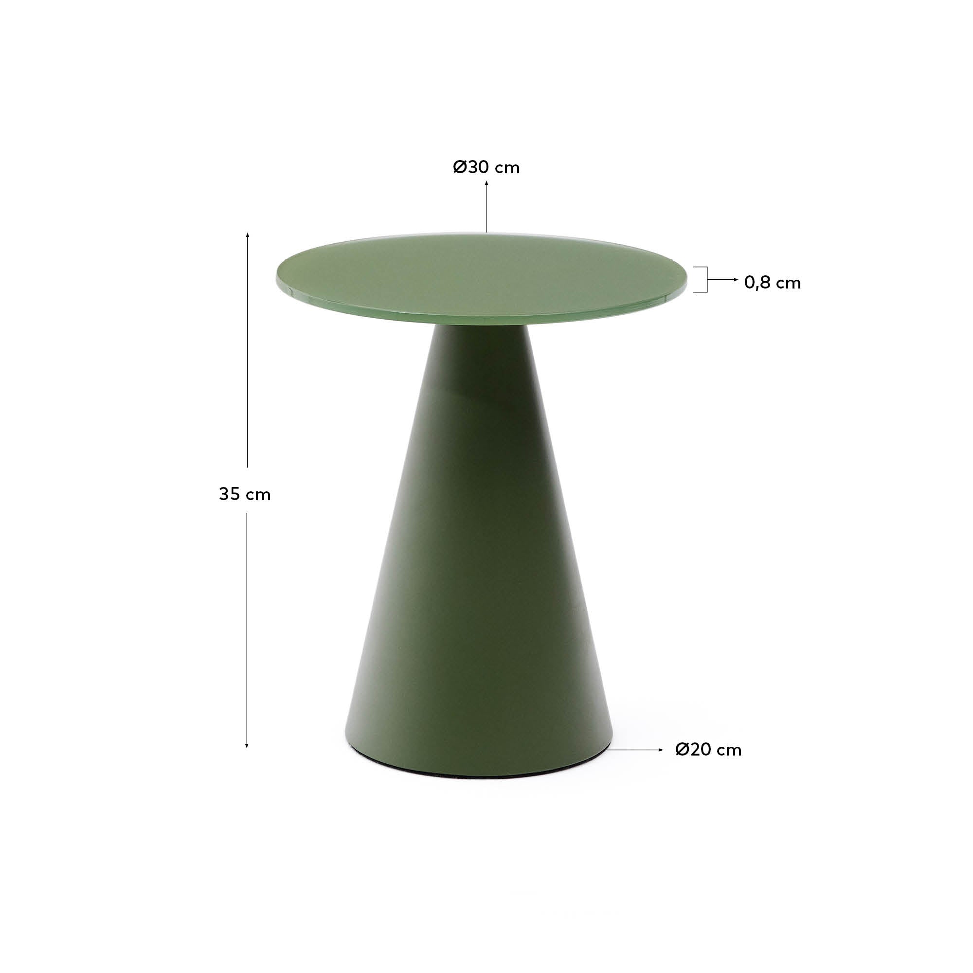 Eleganter Wilshire Beistelltisch mit Ø30 cm, gefertigt aus glasiertem gehärtetem Glas und mattem, grünem Stahl – ideal für stilvolle Akzente.