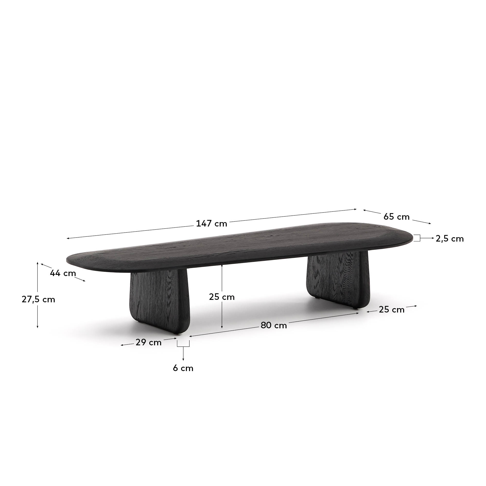 Eleganter Couchtisch Pirita aus massiver Eiche mit schwarzem Finish, 146 x 56,5 cm. Perfekt für nachhaltige und moderne Wohnkonzepte.