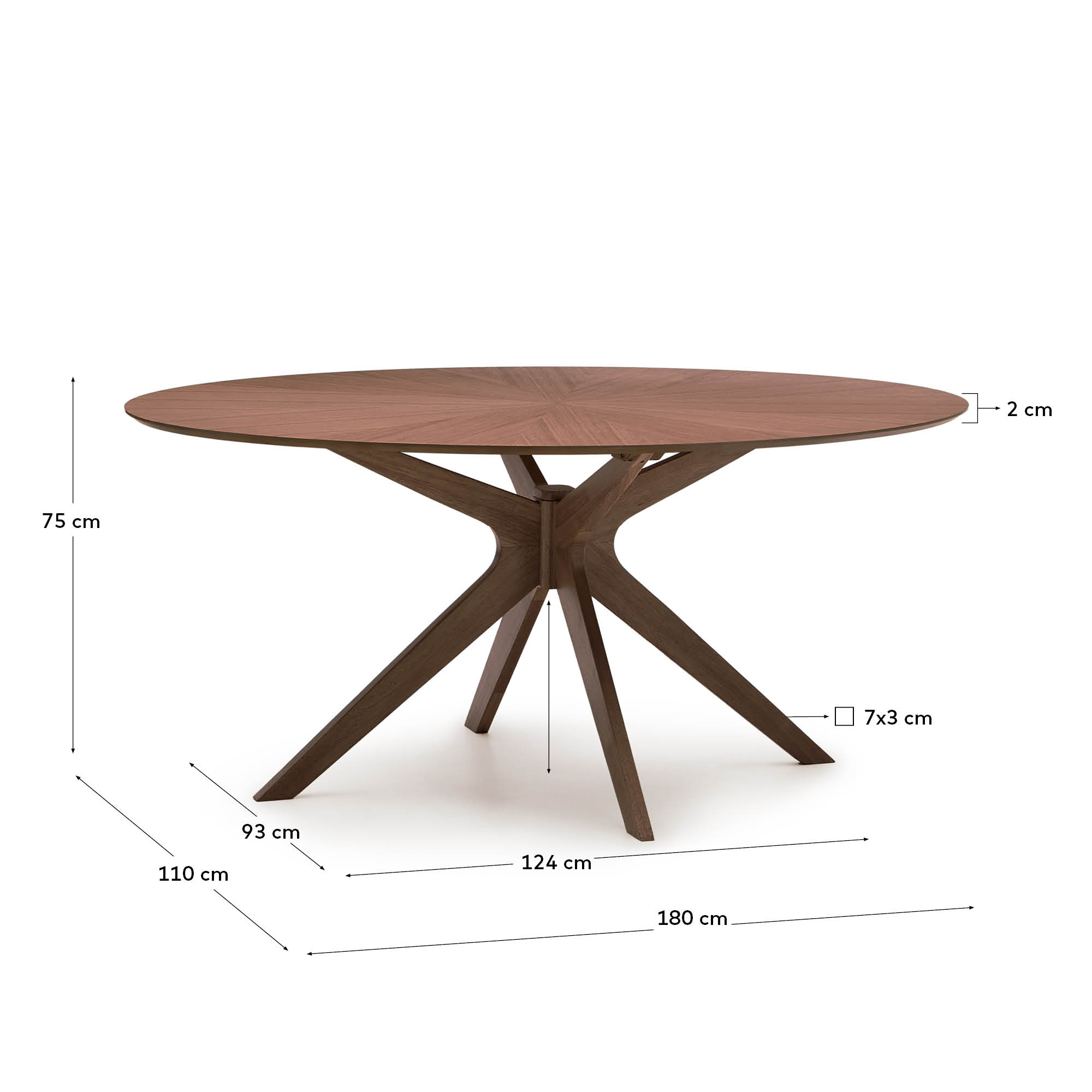 Entdecken Sie den Naanim Tisch von Kave Home: 180 x 110 cm, edles Nussbaumfurnier, massive Gummibaumholzbeine. Ideal für Eleganz und Geselligkeit.