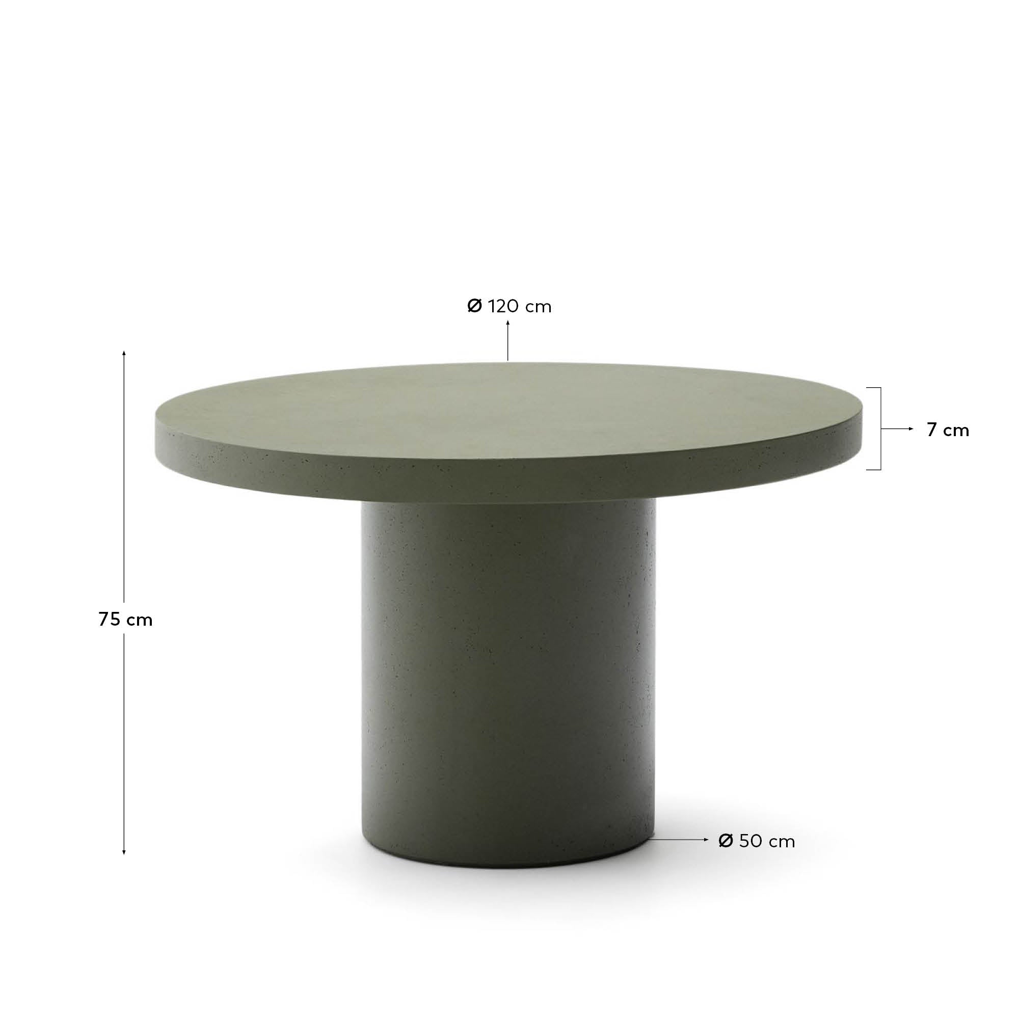 Moderner runder Tisch aus grünem Zement, Ø 120 cm, ideal für stilvolle Innen- und Außenbereiche, von Kave Home.