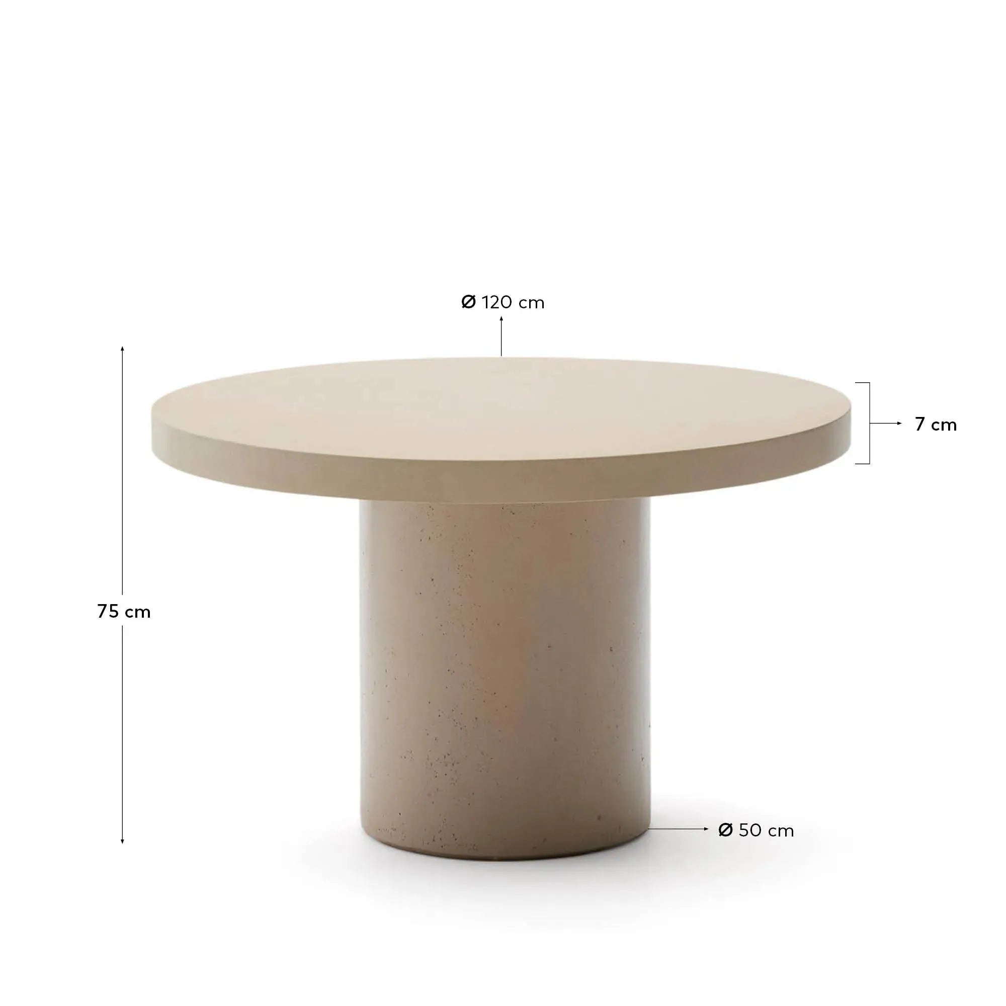 Moderner runder Tisch aus beigem Zement, Ø 120 cm, ideal für stilvolle Innen- und Außenbereiche, von Kave Home.