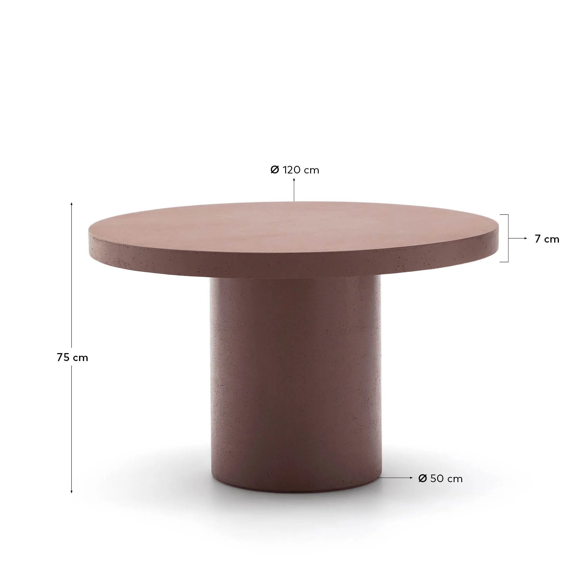 Runder Tisch Aiguablava aus Zement in Terrakotta-Optik, Ø 120 cm, von Kave Home. Perfekt für stilvolle Wohn- und Außenbereiche.