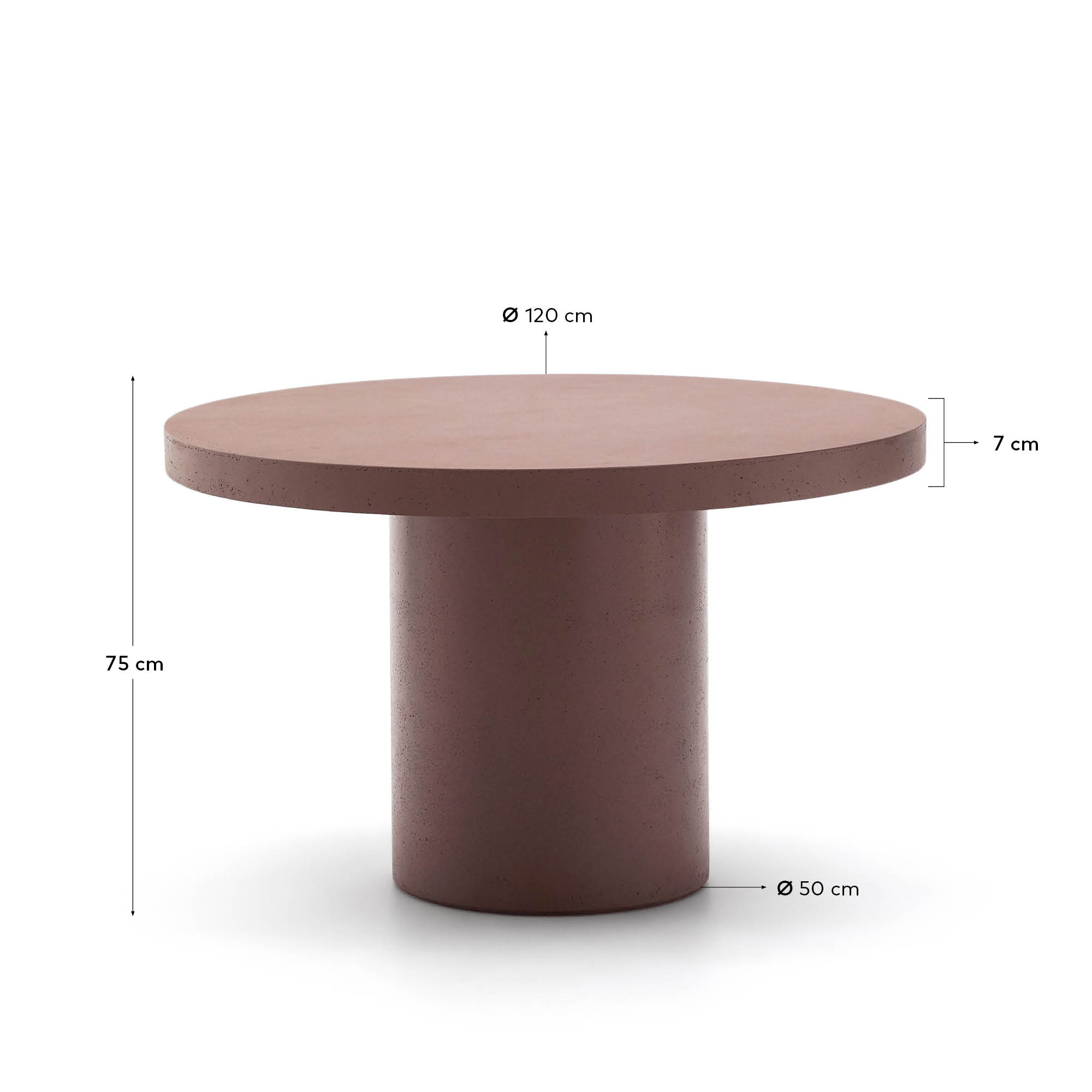 Runder Tisch Aiguablava aus Zement in Terrakotta-Optik, Ø 120 cm, von Kave Home. Perfekt für stilvolle Wohn- und Außenbereiche.