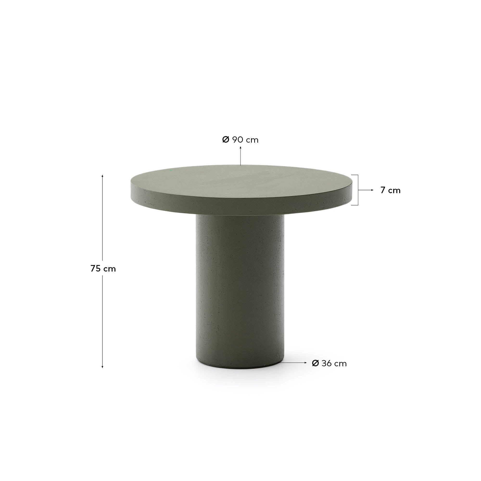 Runder Tisch Aiguablava aus grünem Zement, Ø 90 cm, von Kave Home. Ideal für moderne Wohnräume und Außenbereiche.