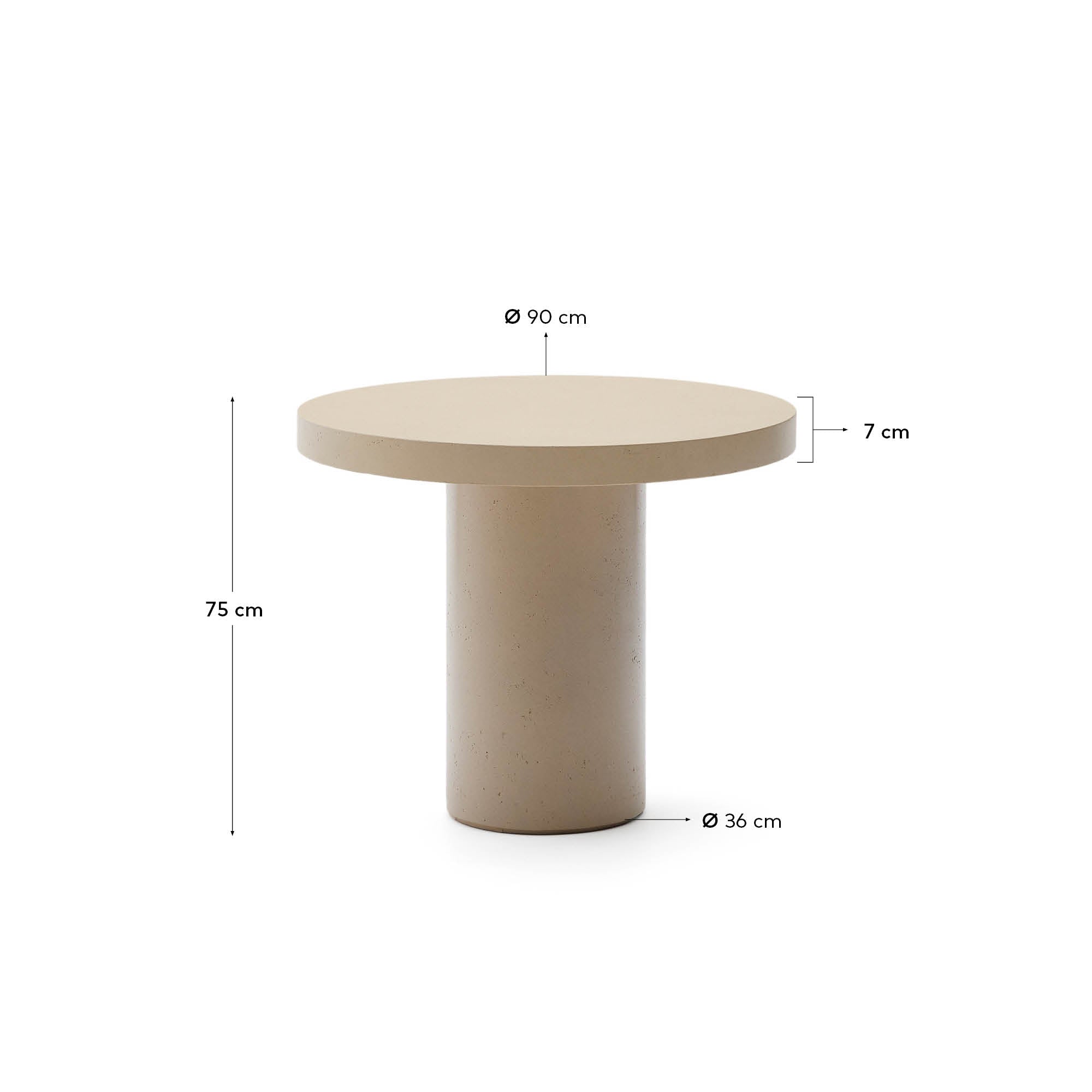 Eleganter runder Tisch Aiguablava aus beigem Zement, Ø 90 cm, von Kave Home. Ideal für drinnen und draußen, robust und modern.