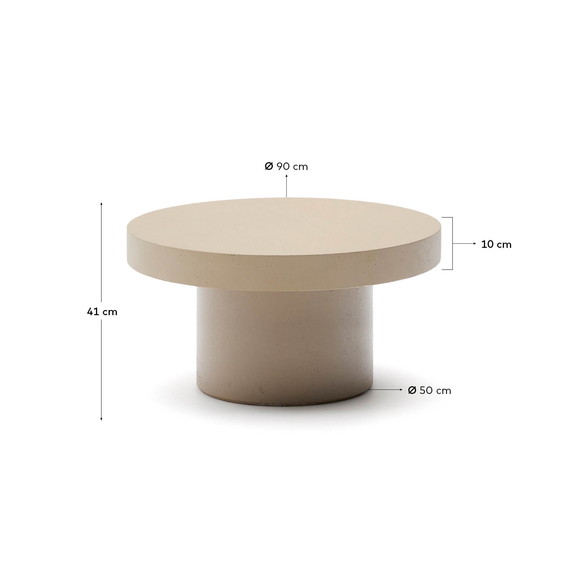 Moderner Couchtisch Aiguablava aus leichtem, wetterfestem GFB in Beige, Ø 90 cm. Perfekt für stilvolle Akzente in jedem Wohnbereich.