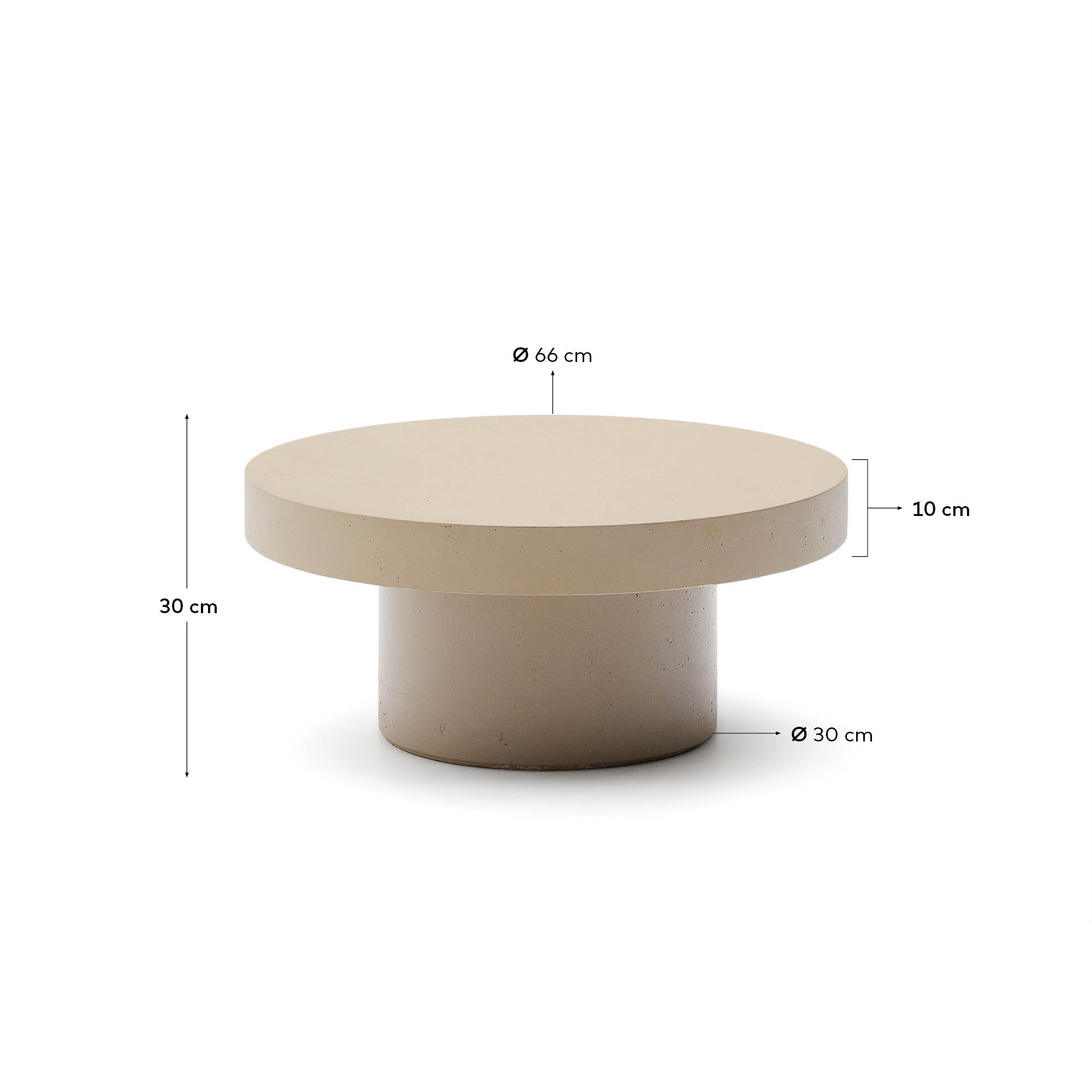 Moderner Couchtisch aus beigem Zement, Ø 66 cm, von Kave Home. Ideal für stilvolle und zeitgemäße Wohnraumgestaltung.