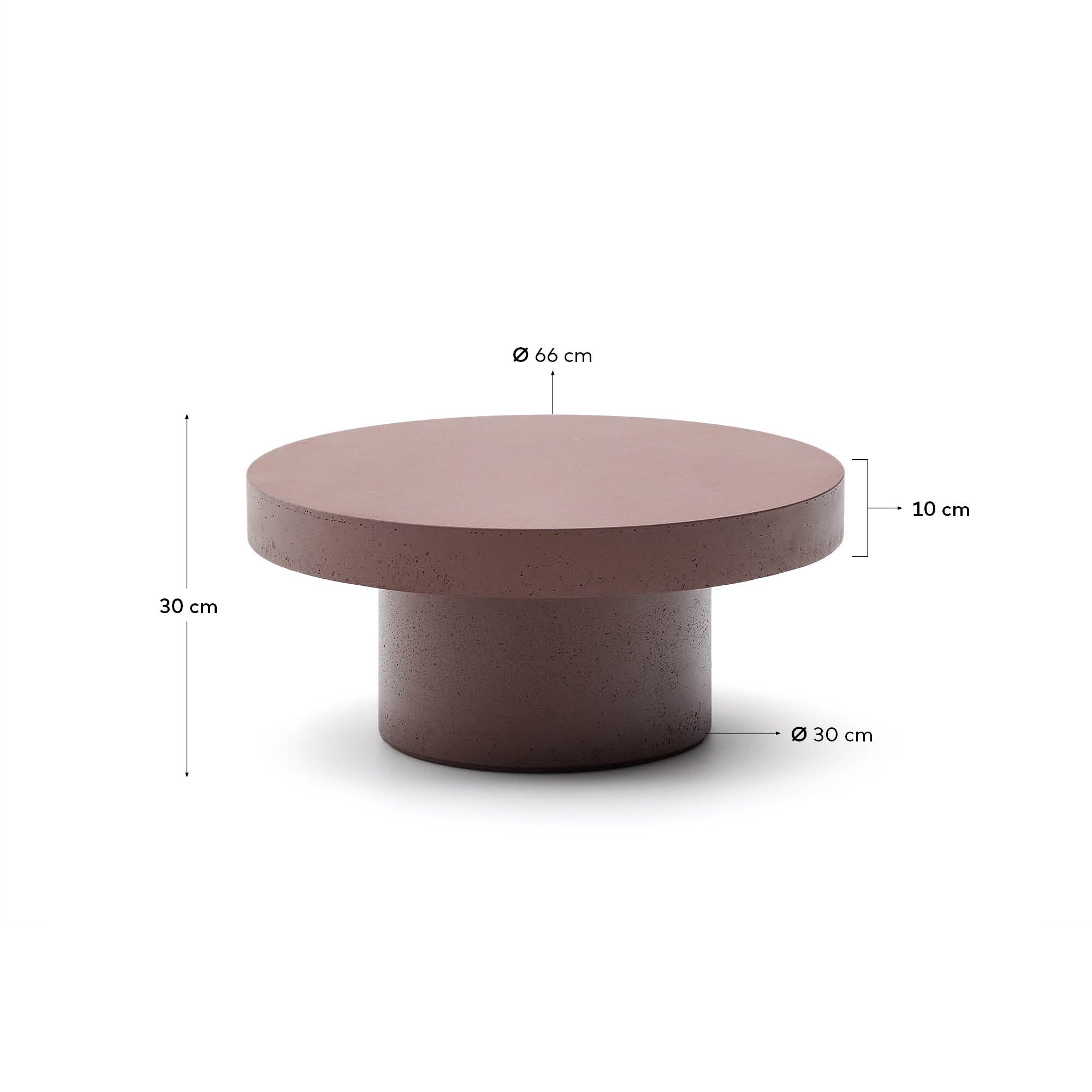 Moderner Couchtisch aus Zement mit Terrakotta-Finish, Ø 66 cm, von Kave Home. Ideal für stilvolle Wohnräume.