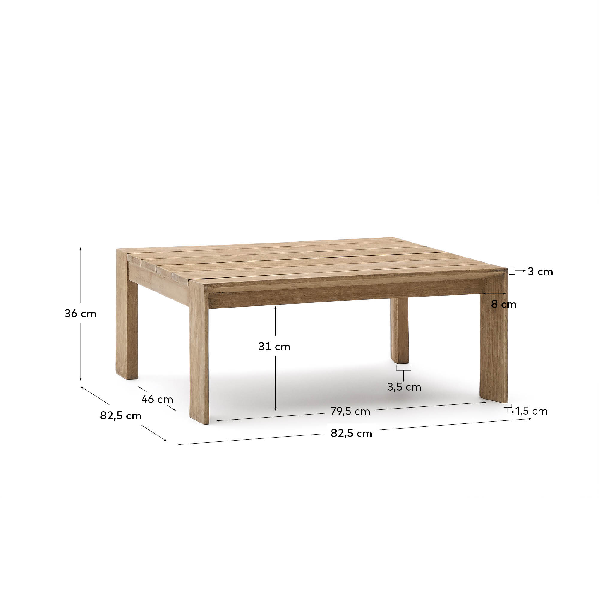 Eleganter Couchtisch aus Akazienholz, robust und wetterfest, ideal für drinnen und draußen, FSC-zertifiziert.