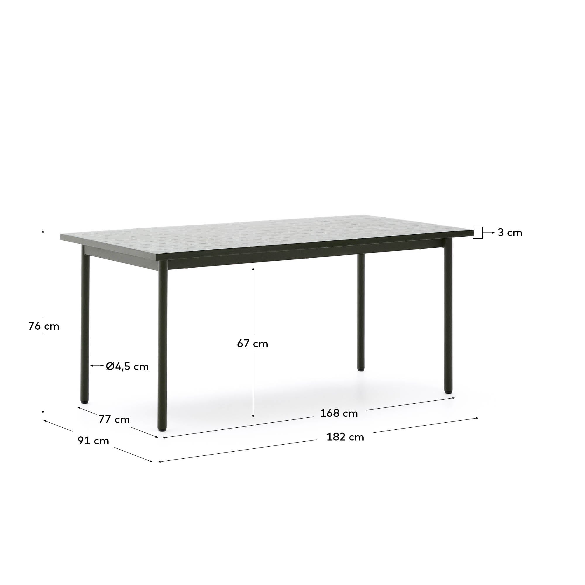 Stilvoller Outdoor-Tisch Maurina aus grünem Stahl mit Kacheln, 182x91 cm, ideal für Garten oder Terrasse.