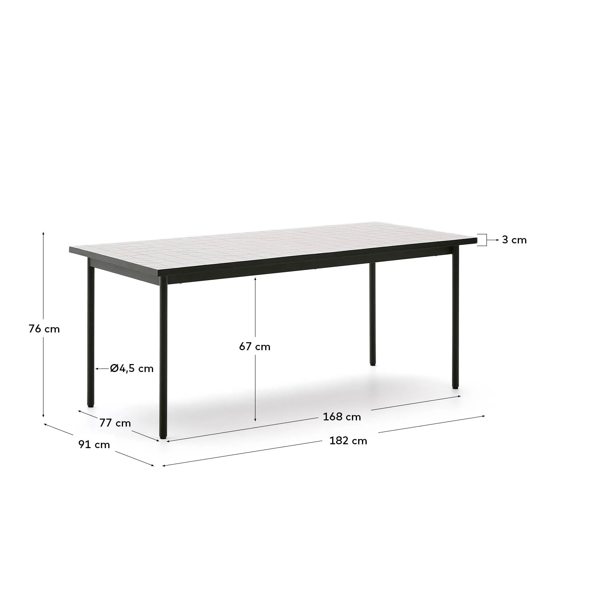 Stilvoller Outdoor-Tisch Maurina aus grünem Stahl mit Écru-Kacheln, 182x91 cm, ideal für Garten oder Terrasse.