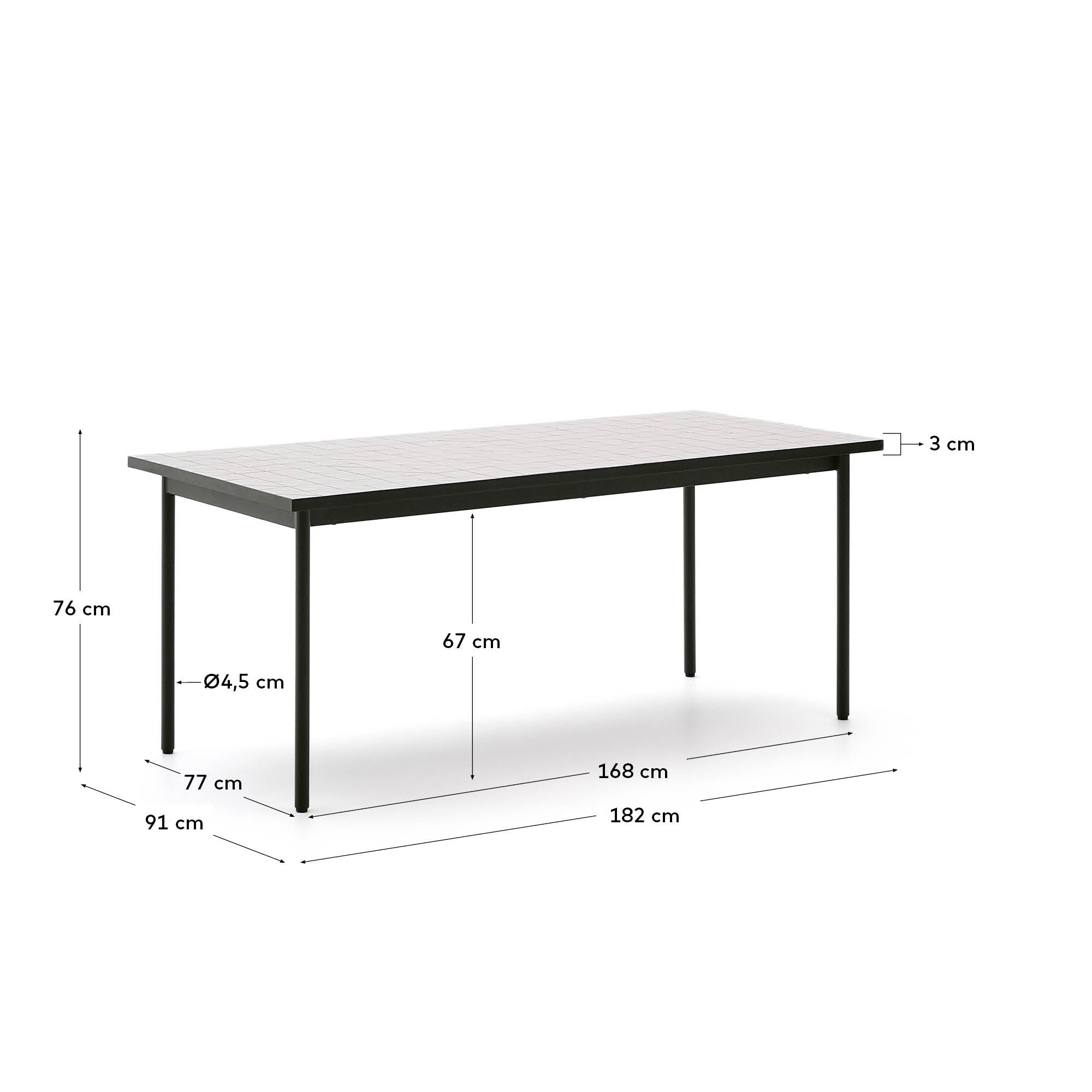 Stilvoller Outdoor-Tisch Maurina aus grünem Stahl mit Écru-Kacheln, 182x91 cm, ideal für Garten oder Terrasse.