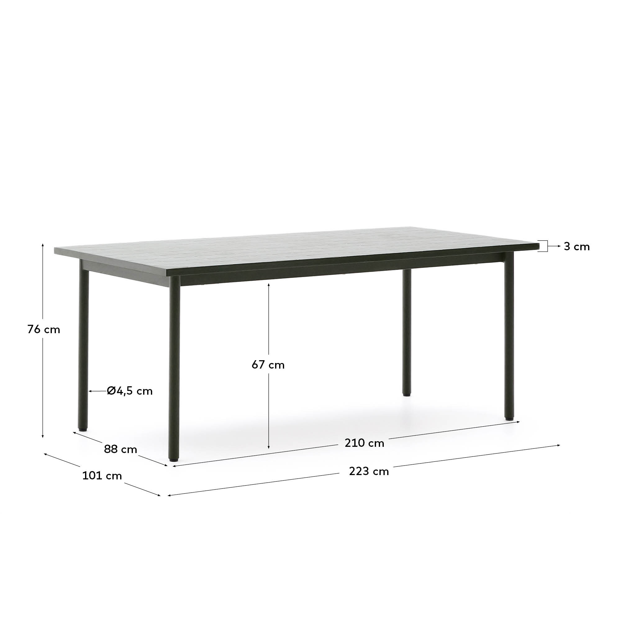 Eleganter Outdoor-Tisch aus grünem Stahl und Kacheln, robust und stilvoll, ideal für gesellige Runden im Freien.