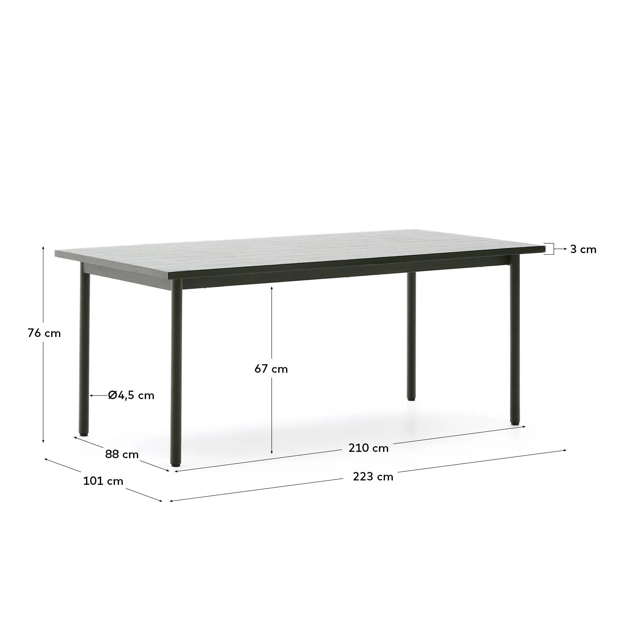 Eleganter Outdoor-Tisch Maurina, grün verzinkter Stahl, grüne Kacheln, 223x101 cm, perfekt für Garten oder Terrasse.