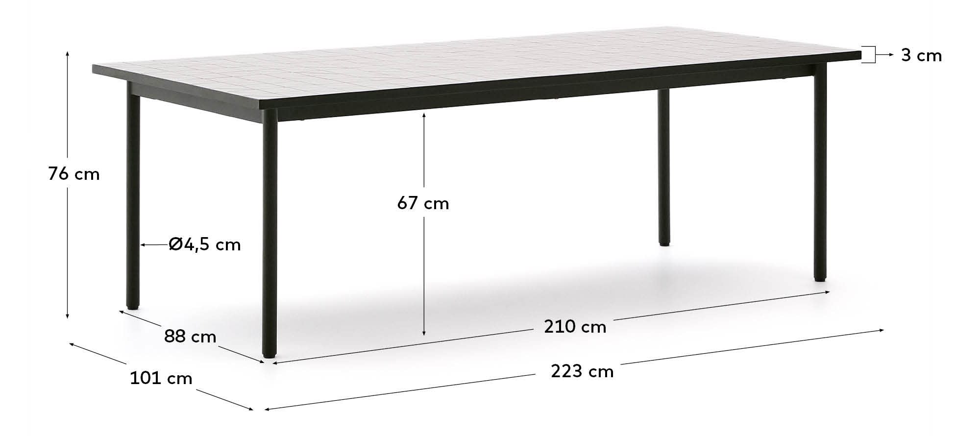 Eleganter Outdoor-Tisch Maurina aus grünem Stahl mit écru Kacheln, 223x101 cm, perfekt für moderne Außenbereiche.