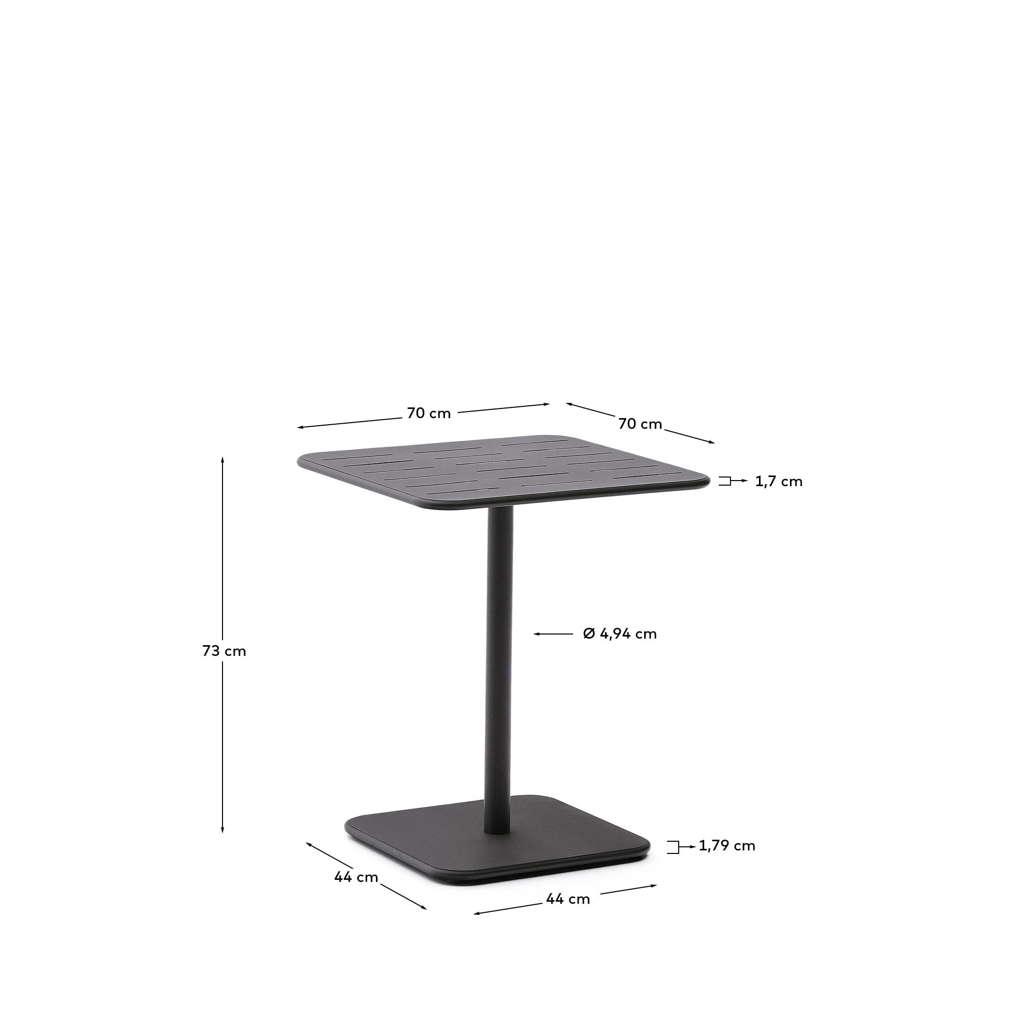 Moderner Outdoor-Tisch aus dunkelgrauem Stahl, 70x70 cm, robust und ideal für Terrasse oder Garten.