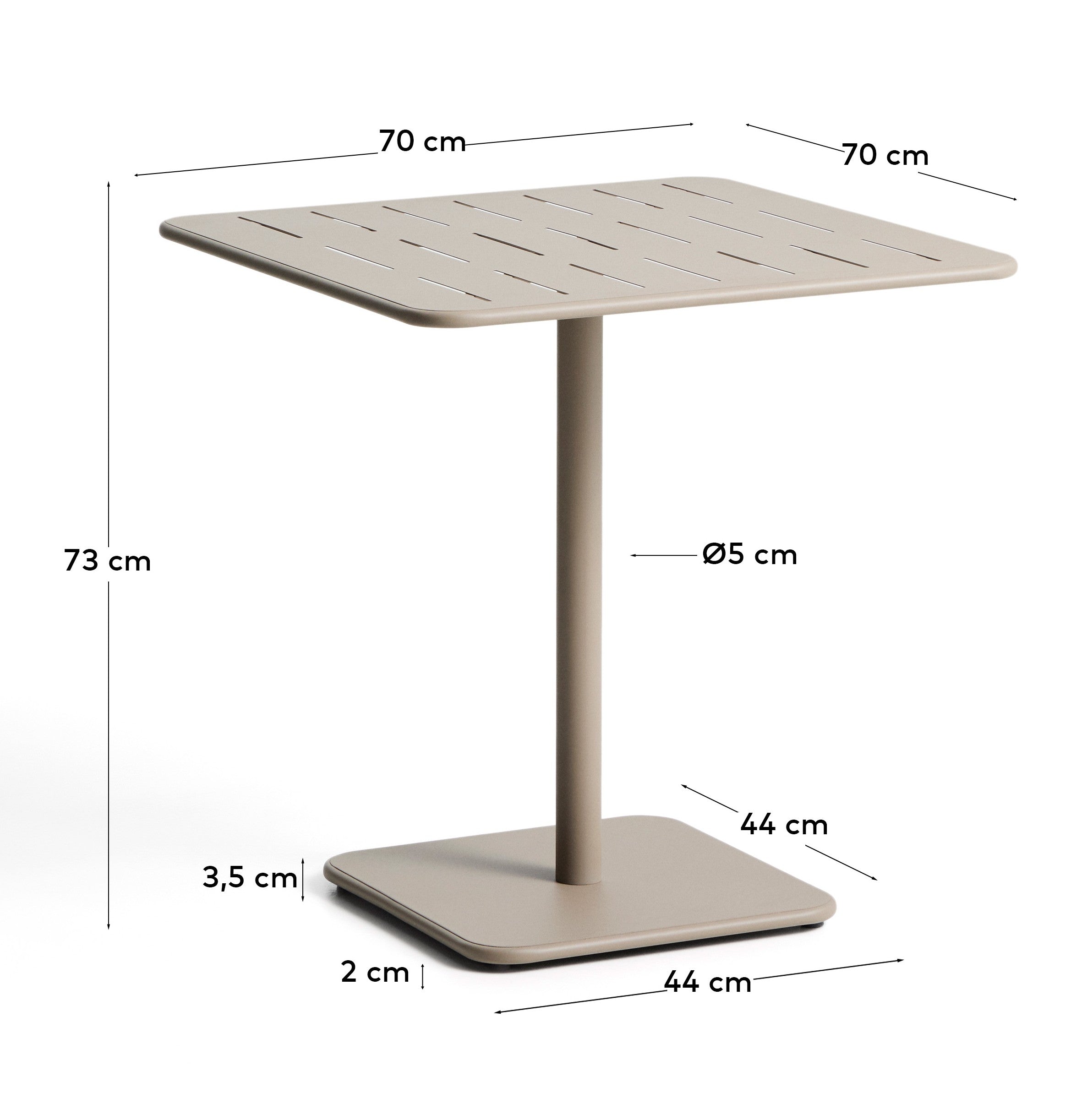 Stylischer Outdoor-Tisch Brai in taupe, gefertigt aus robustem verzinktem Stahl, ideal für Garten und Terrasse, Maße 70 x 70 cm.