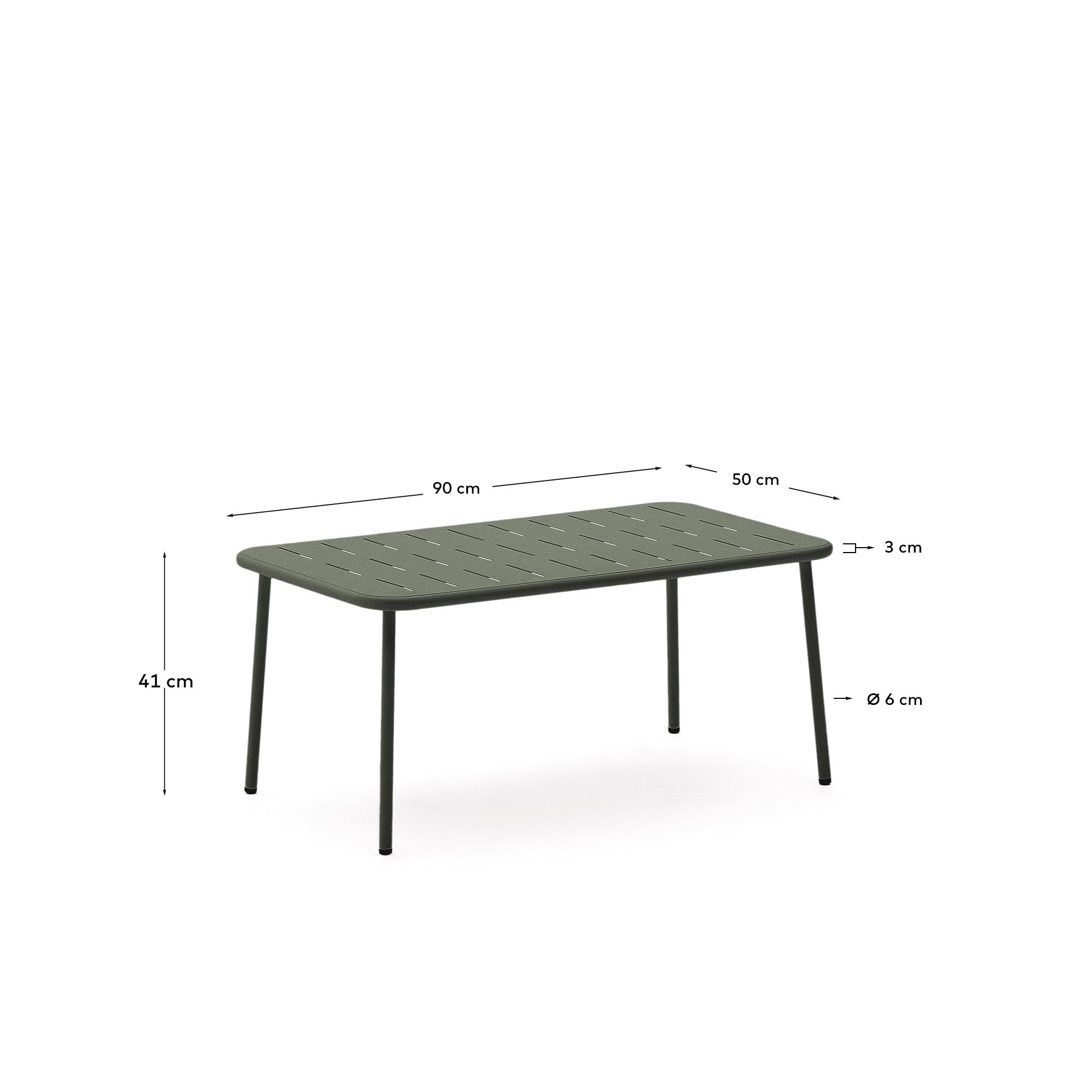 Eleganter Couchtisch aus grünem Stahl, ideal für drinnen und draußen, robust, pflegeleicht, 90x50 cm, stilvoll und vielseitig.